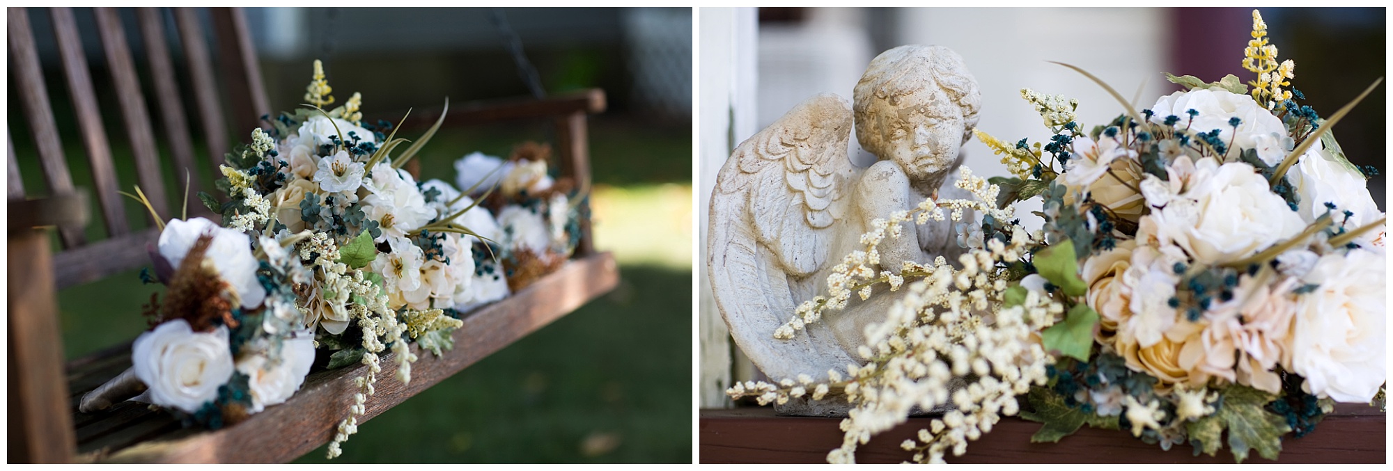 Photos of a bride's bouquet on a bench and next to an angel statue