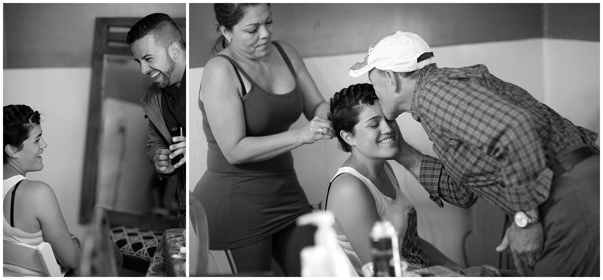 photo of a smiling bride laughing and getting a kiss