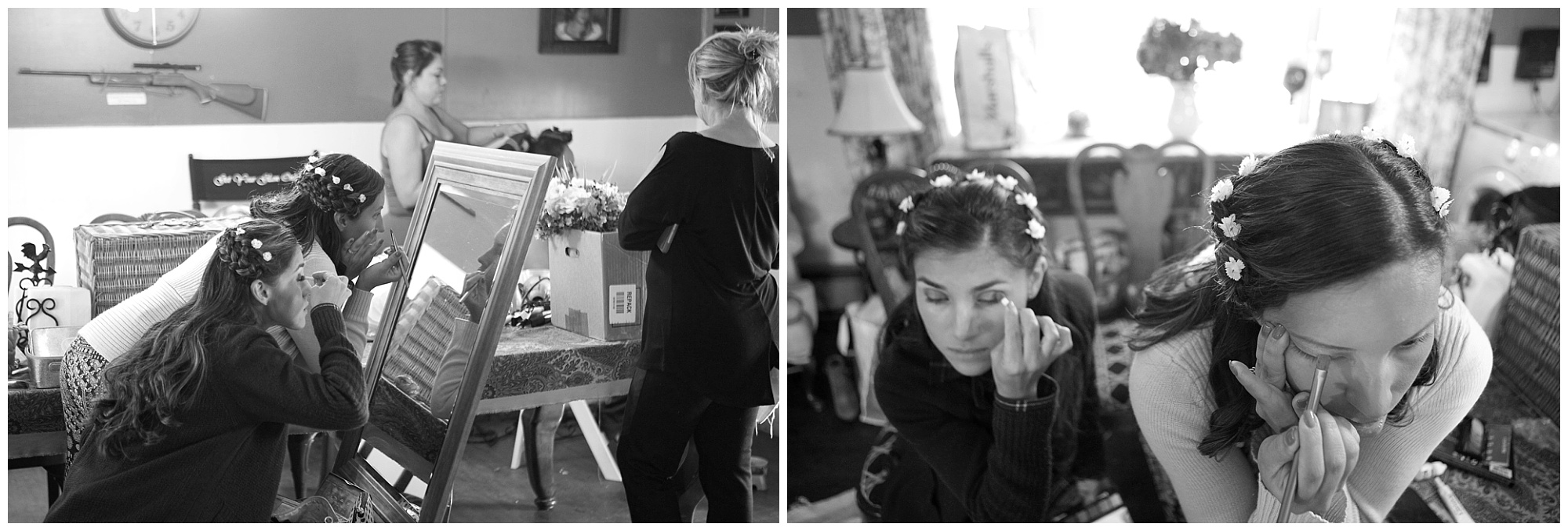 photo of the two women getting ready for wedding applying makeup