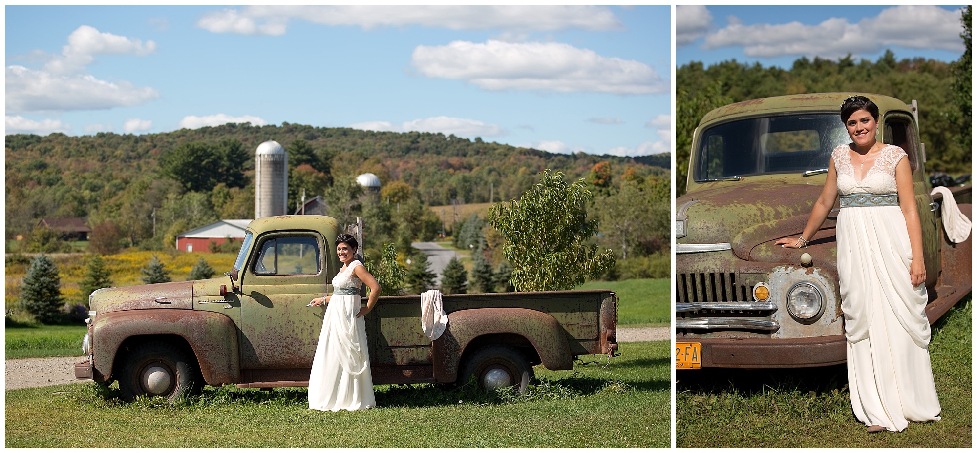 A bride posing by a vintage truck overlooking the rolling hills of New Berlin NY 