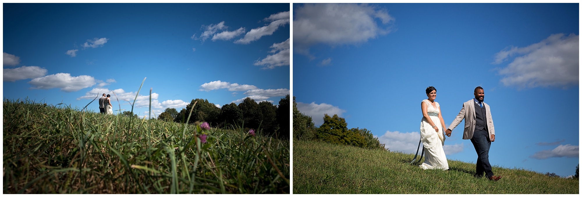two photos of a bride and groom walking hand in hand on a grassy hill with blue skies in the background