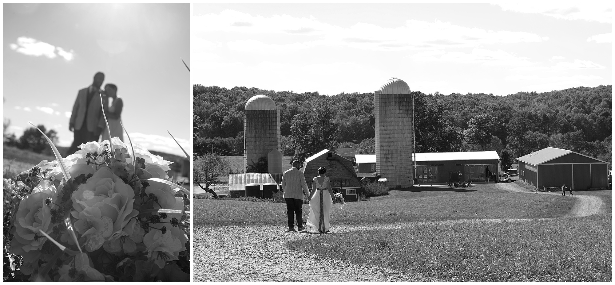 Photo of the brides bouquet with couple in background, and another with them walking hand in hand. The wedding venue on the background.