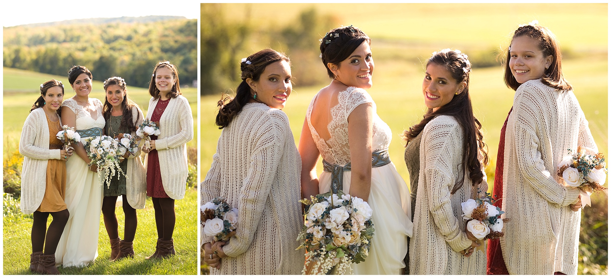 The bride and her girls with flowers in hand in these two photos