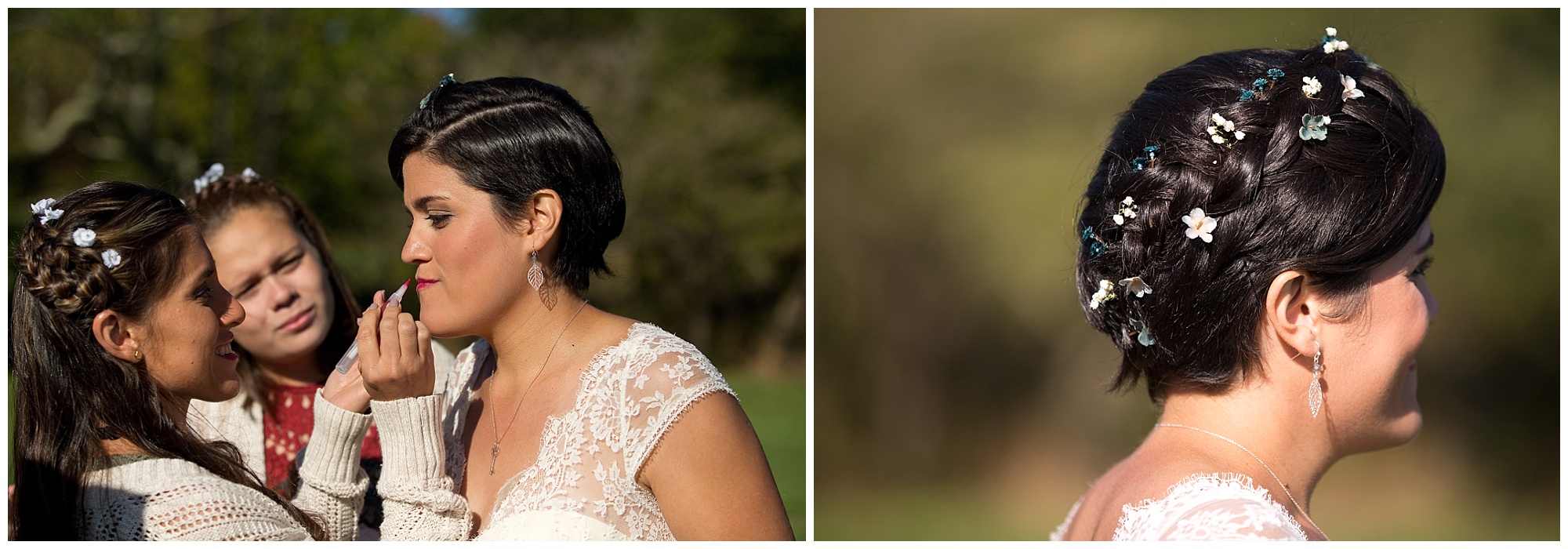 Two photos. One of the bride getting makeup touchups, the other a photo of her hair do with flowers in it.