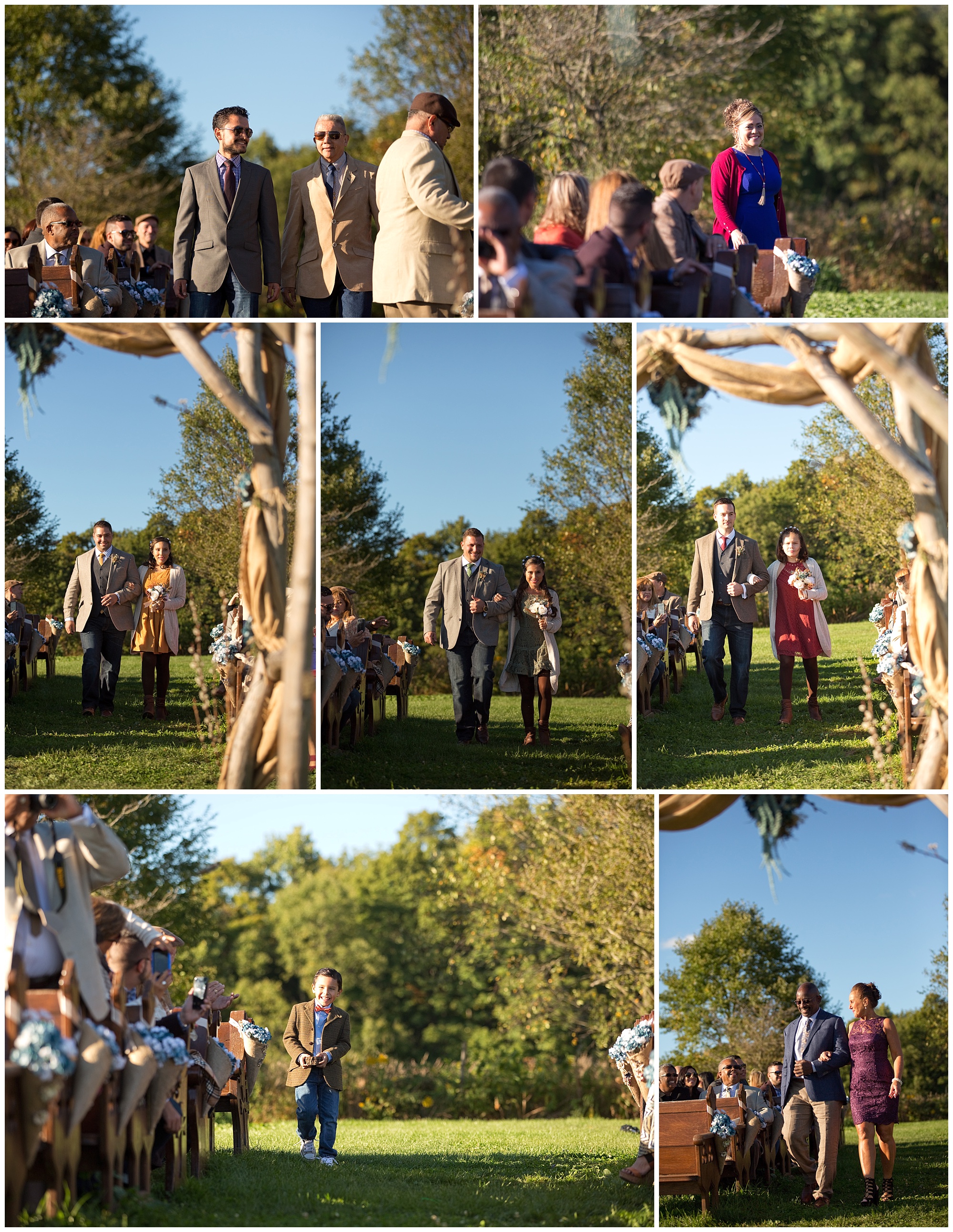 Several wedding procession photos of family and wedding party.