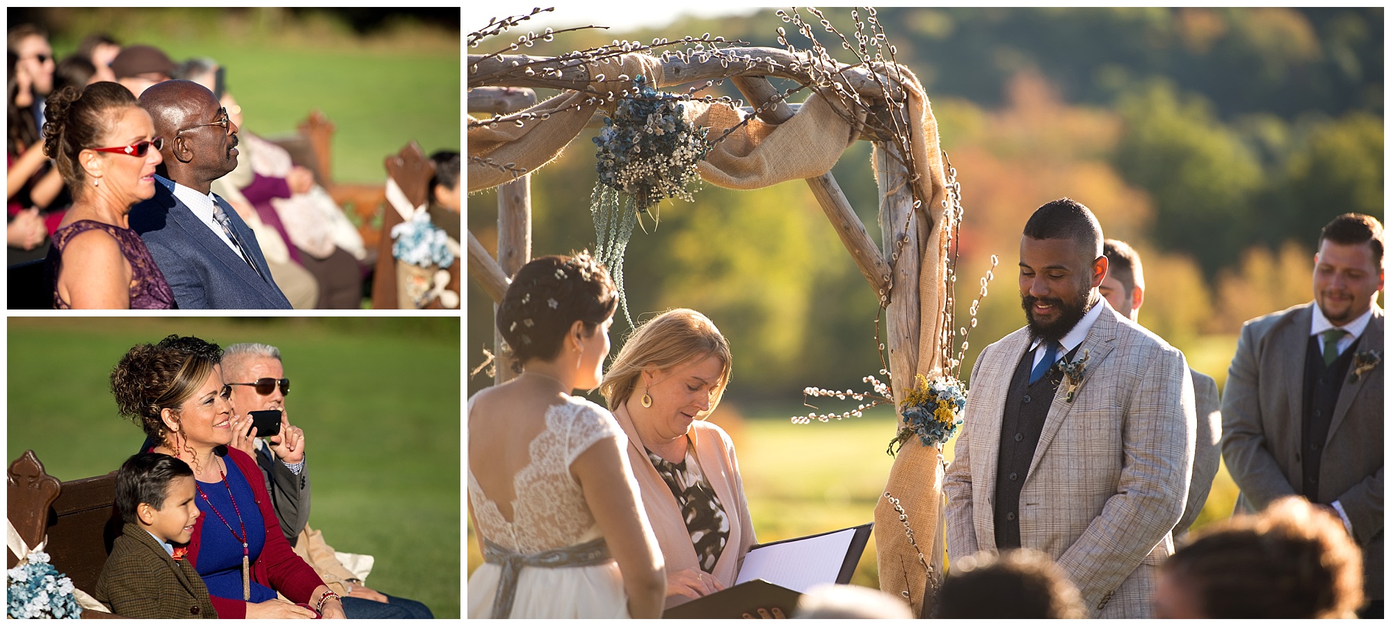 Three photos featuring the bride and Groom and their parents at the ceremony