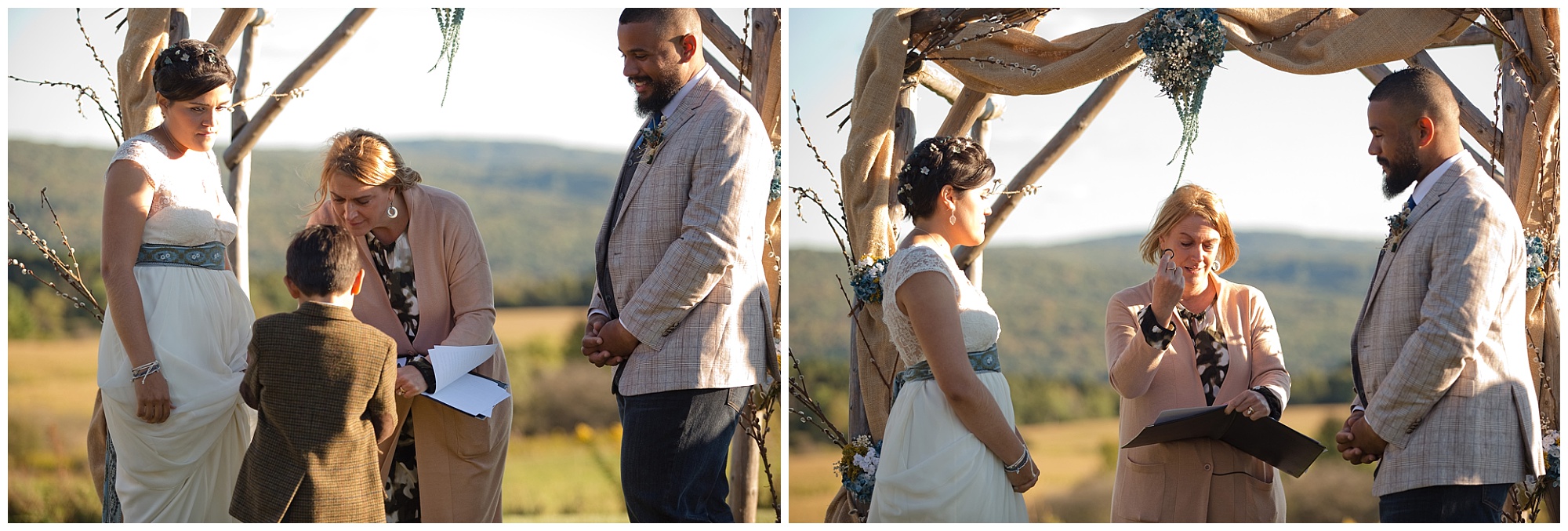 Bride and groom exchanging ring against the backdrop of late afternoon sun-drenched rolling hills.