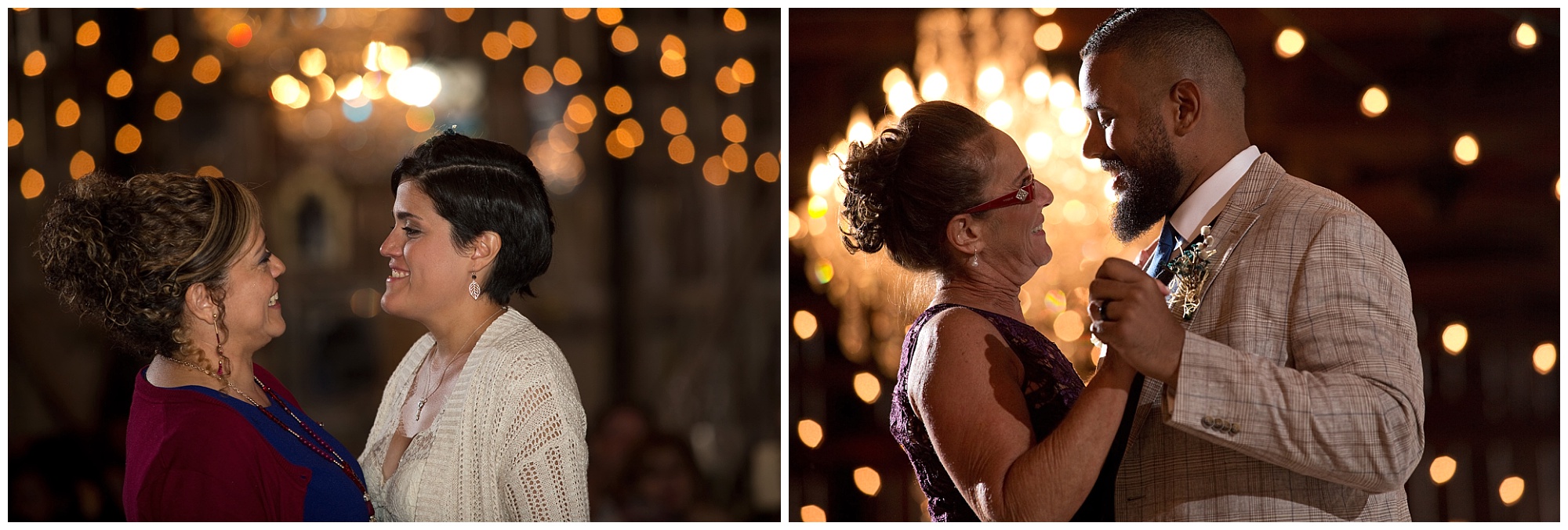 two photos. Bride dancing with her mom, and groom dancing with his.