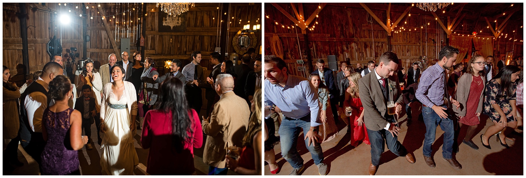 Photos of dancing during a lively wedding reception.