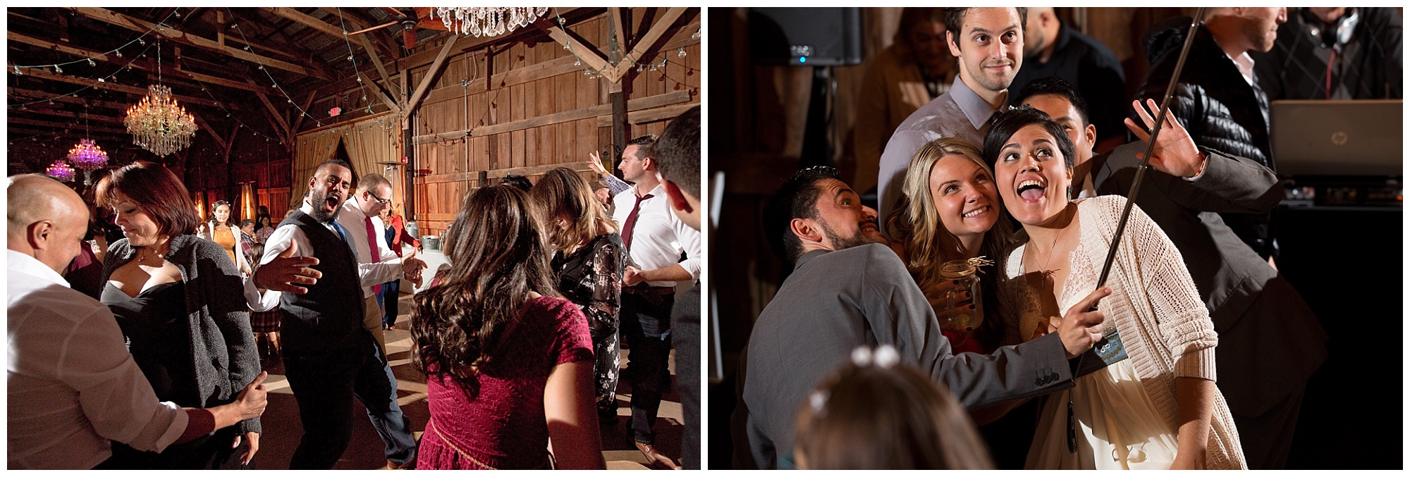 Photos of dancing during a lively wedding reception.
