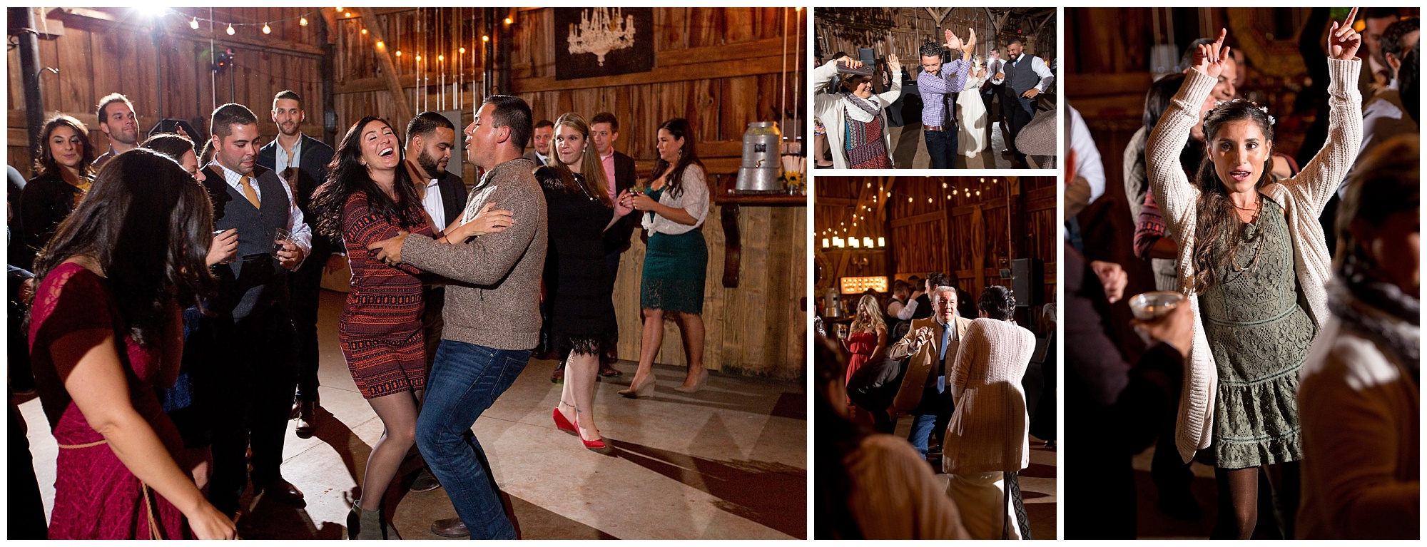 Photos of dancing during a lively wedding reception.