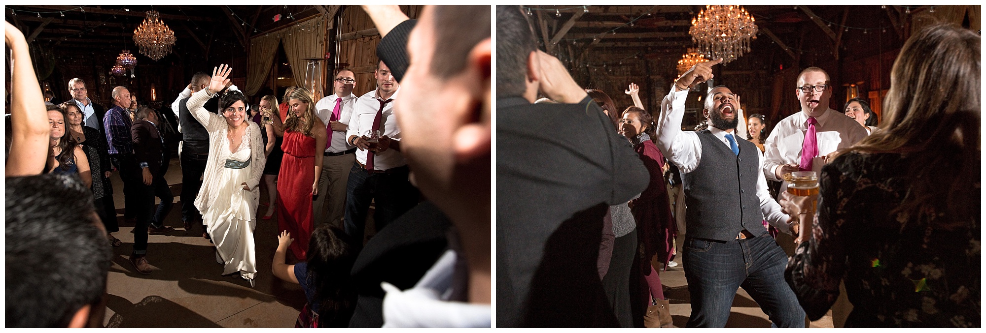 Photos of dancing during a lively wedding reception.
