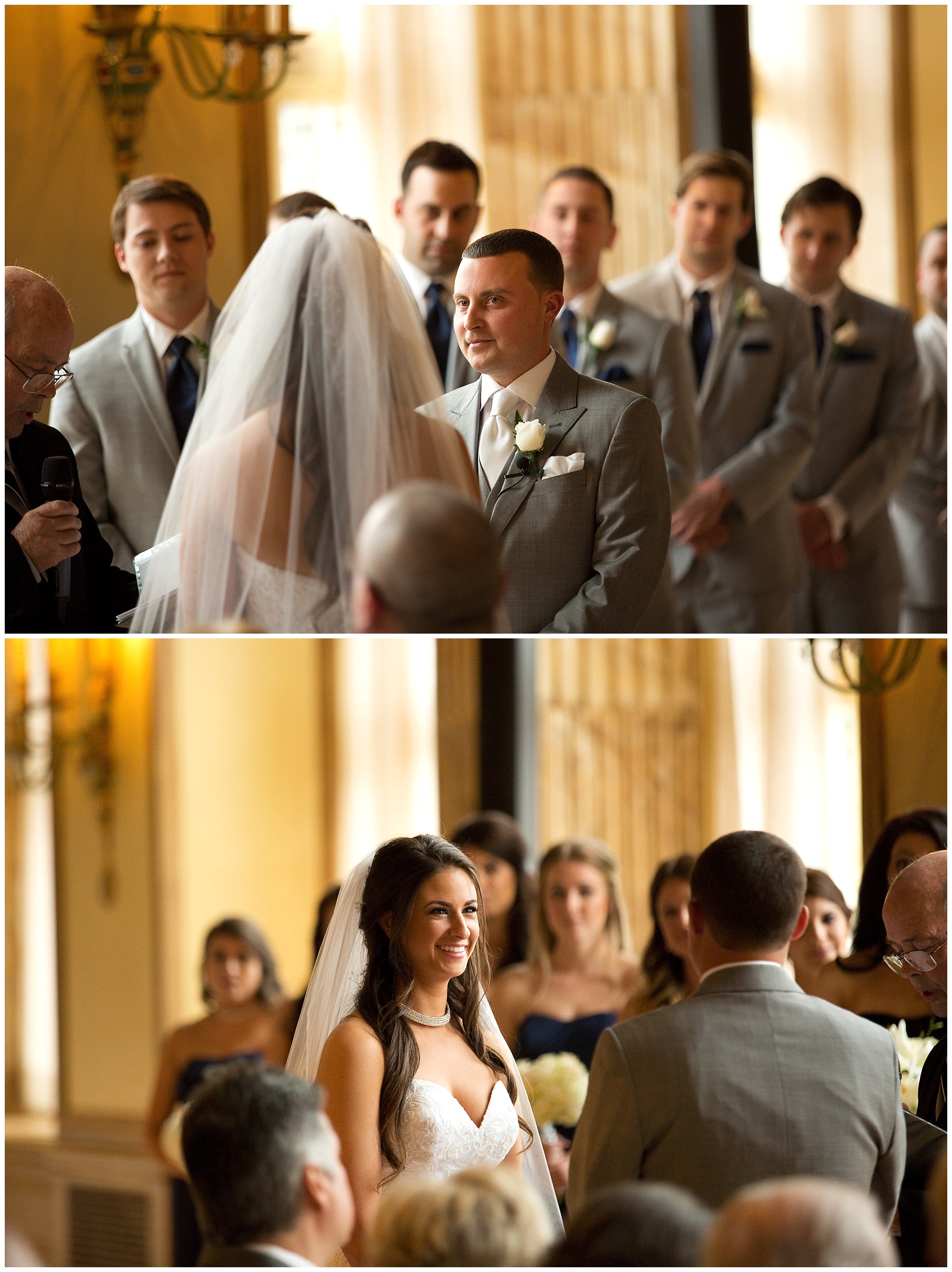 Two photos, one of a bride looking lovingly at her groom, another of him looking at her.