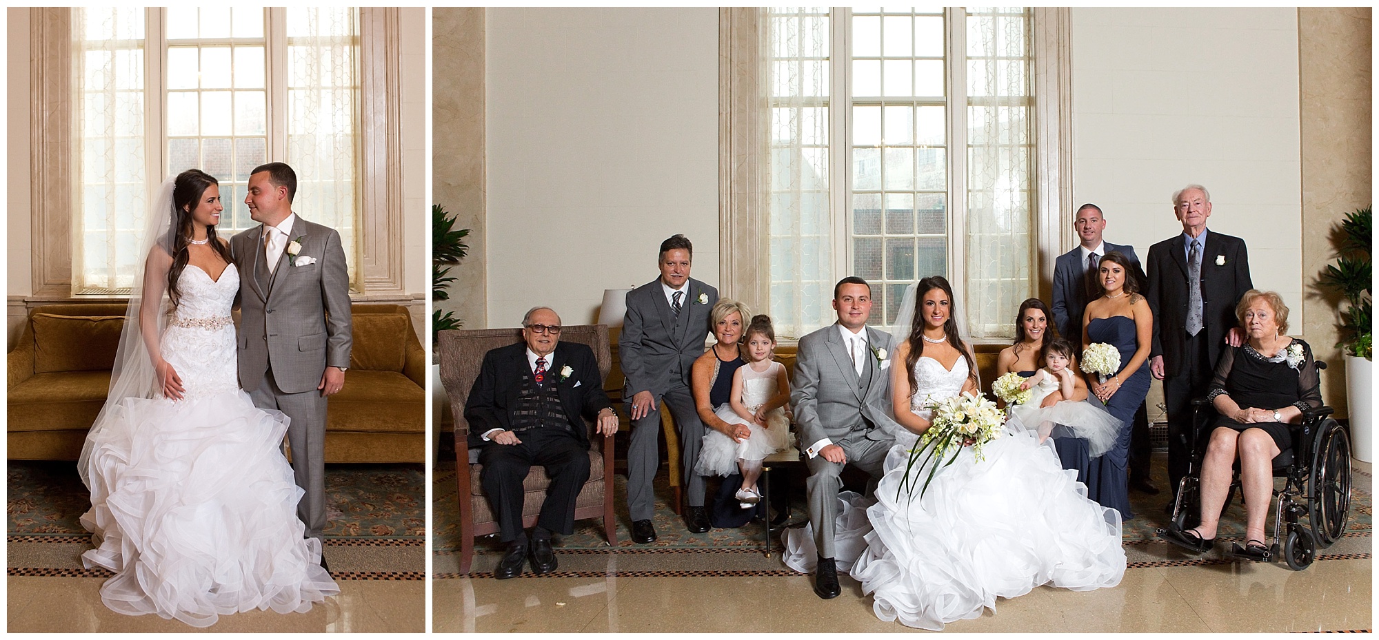 Two photos, a bride and groom portrait, and another with the grooms family