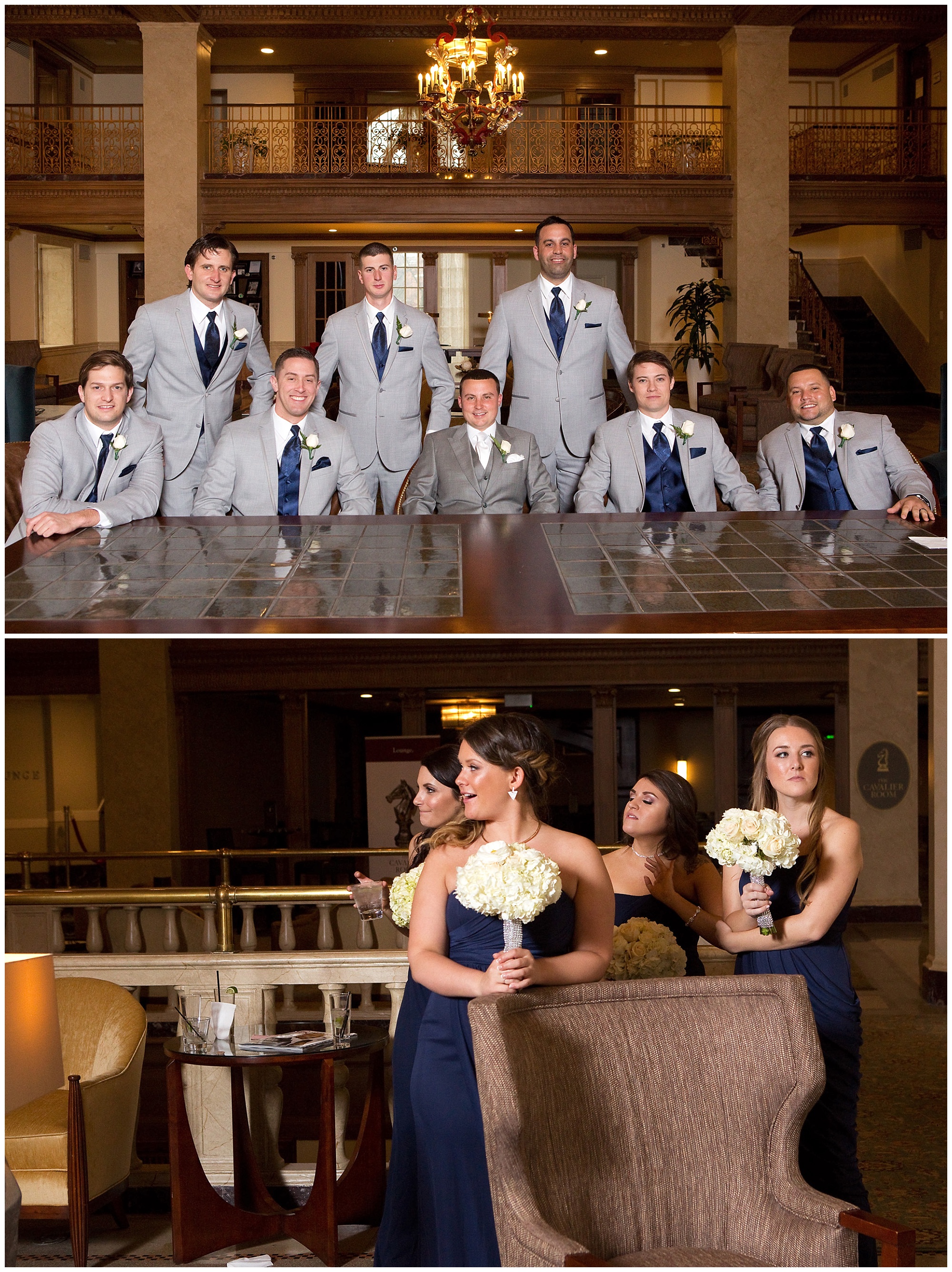 Two photos, one of a groom and his groomsmen group portrait another of Some bridesmaids watching them.