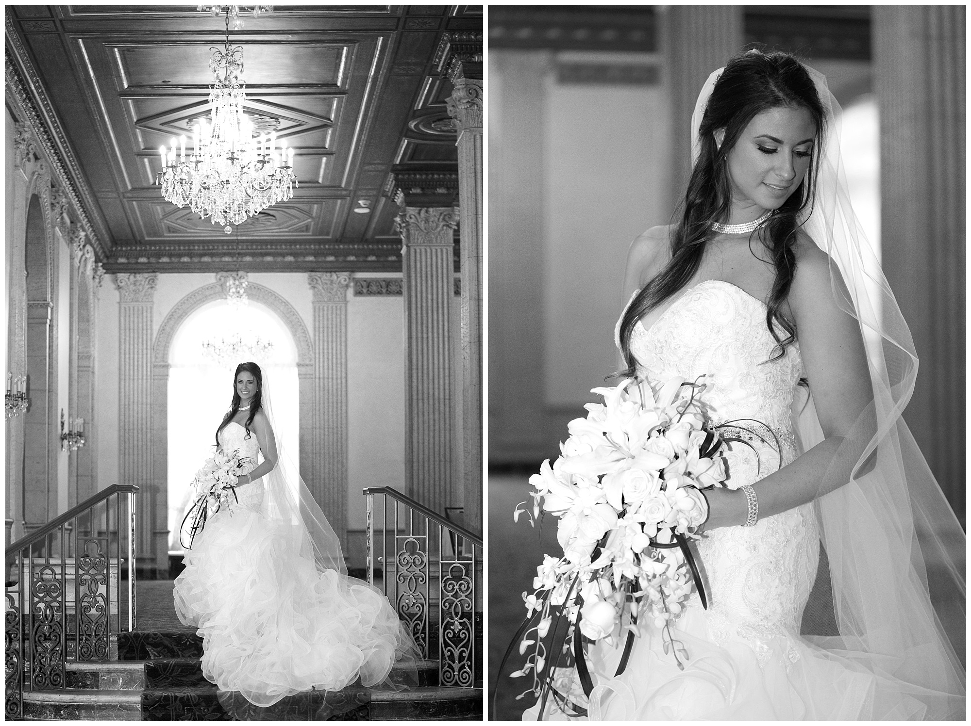 Two photo of a bride's portraits, one is full body, the second is three quarters body.