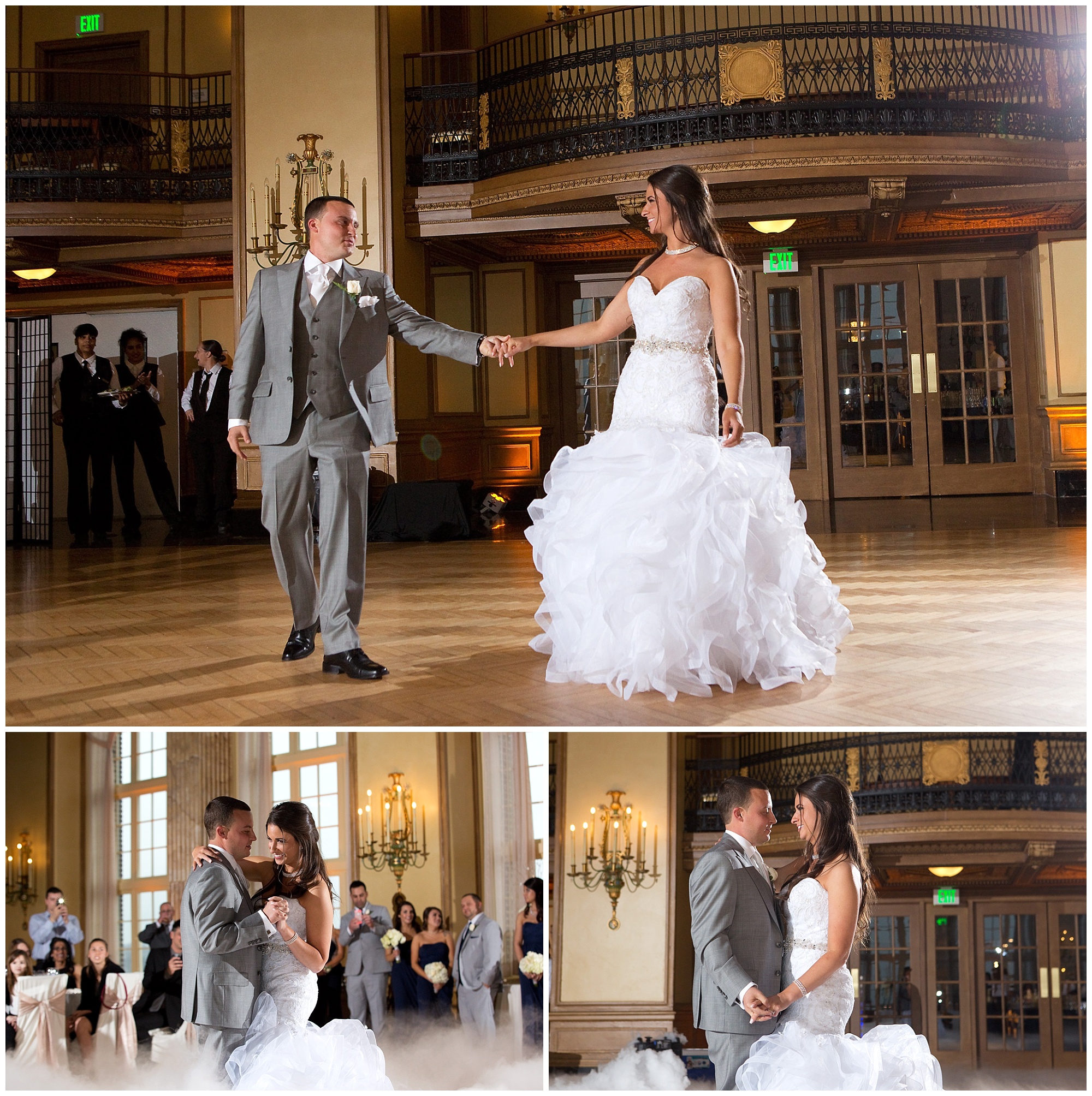 Photo of a bride and groom begining their first dance.