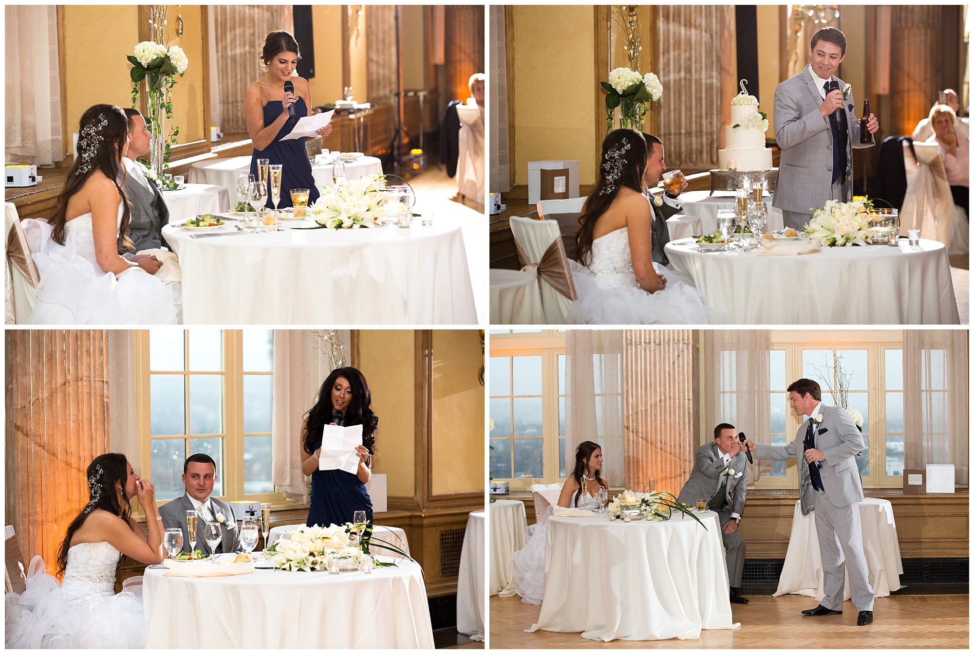 Photos of the maid of honor and best man giving their speeches and toast the bride and groom.