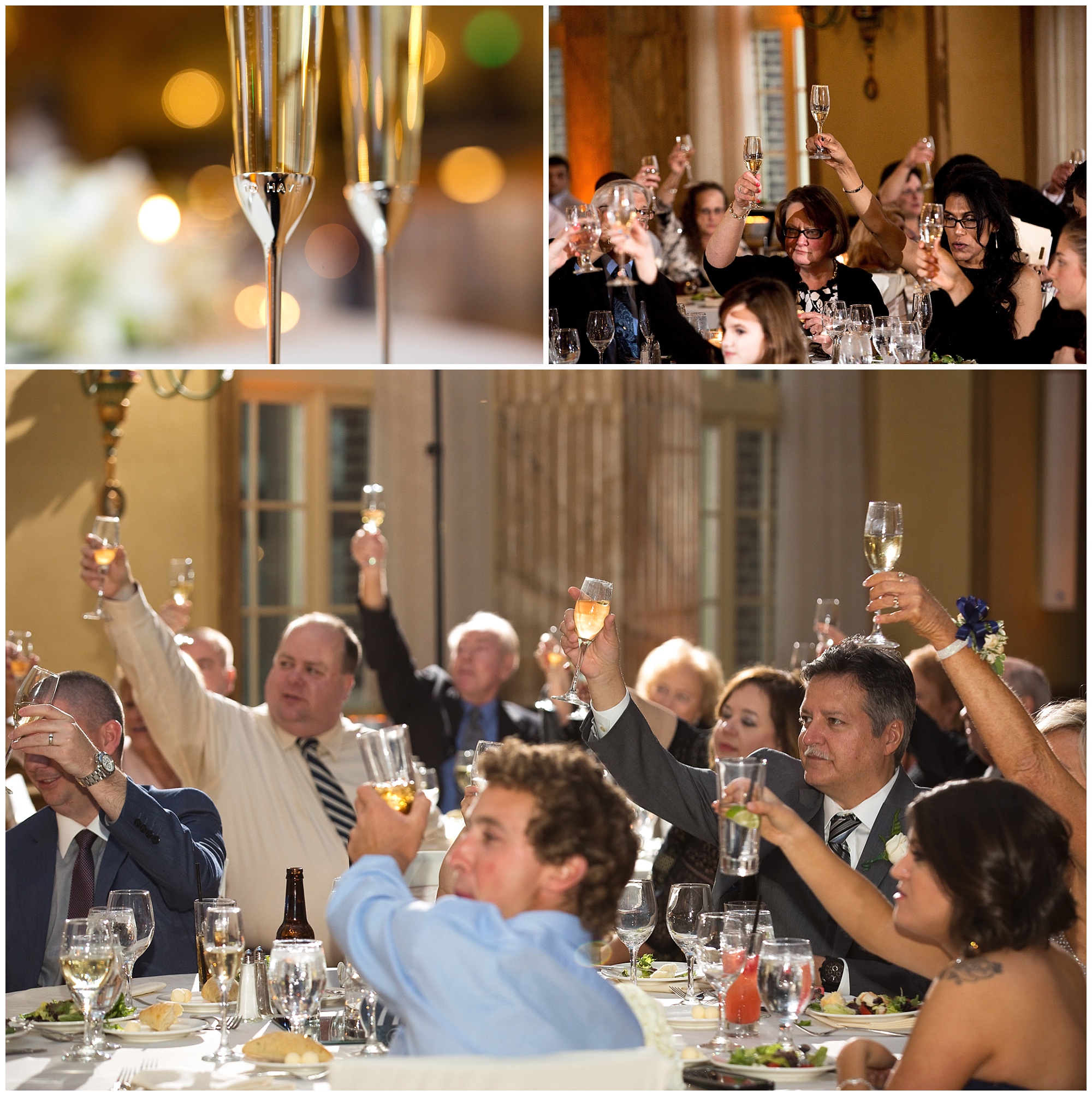 Photos of the wedding guests raising their glasses ina toast to the bride an groom.