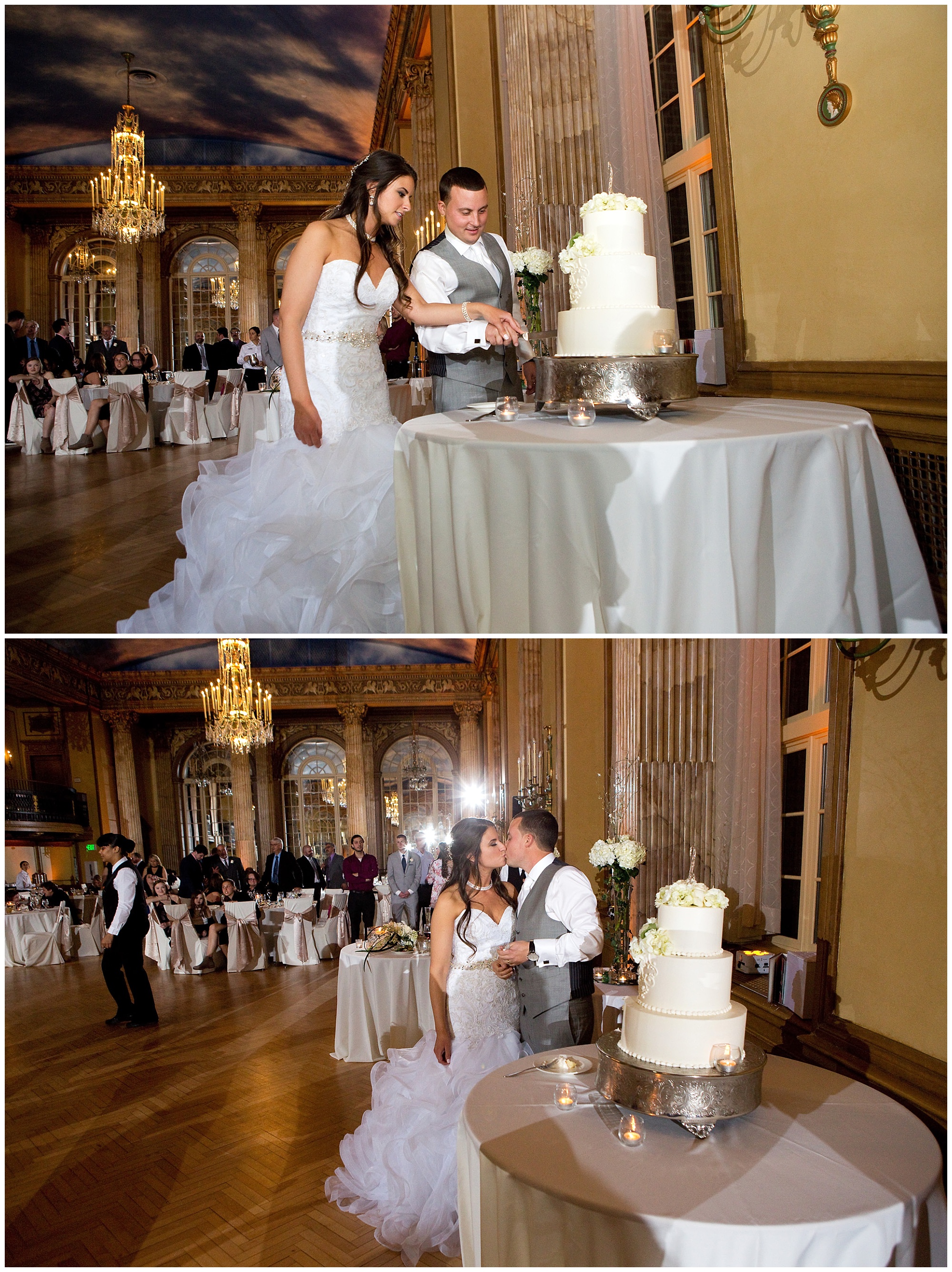 Photos of the bride and groom cutting thier wedding cake and another of them kissing.