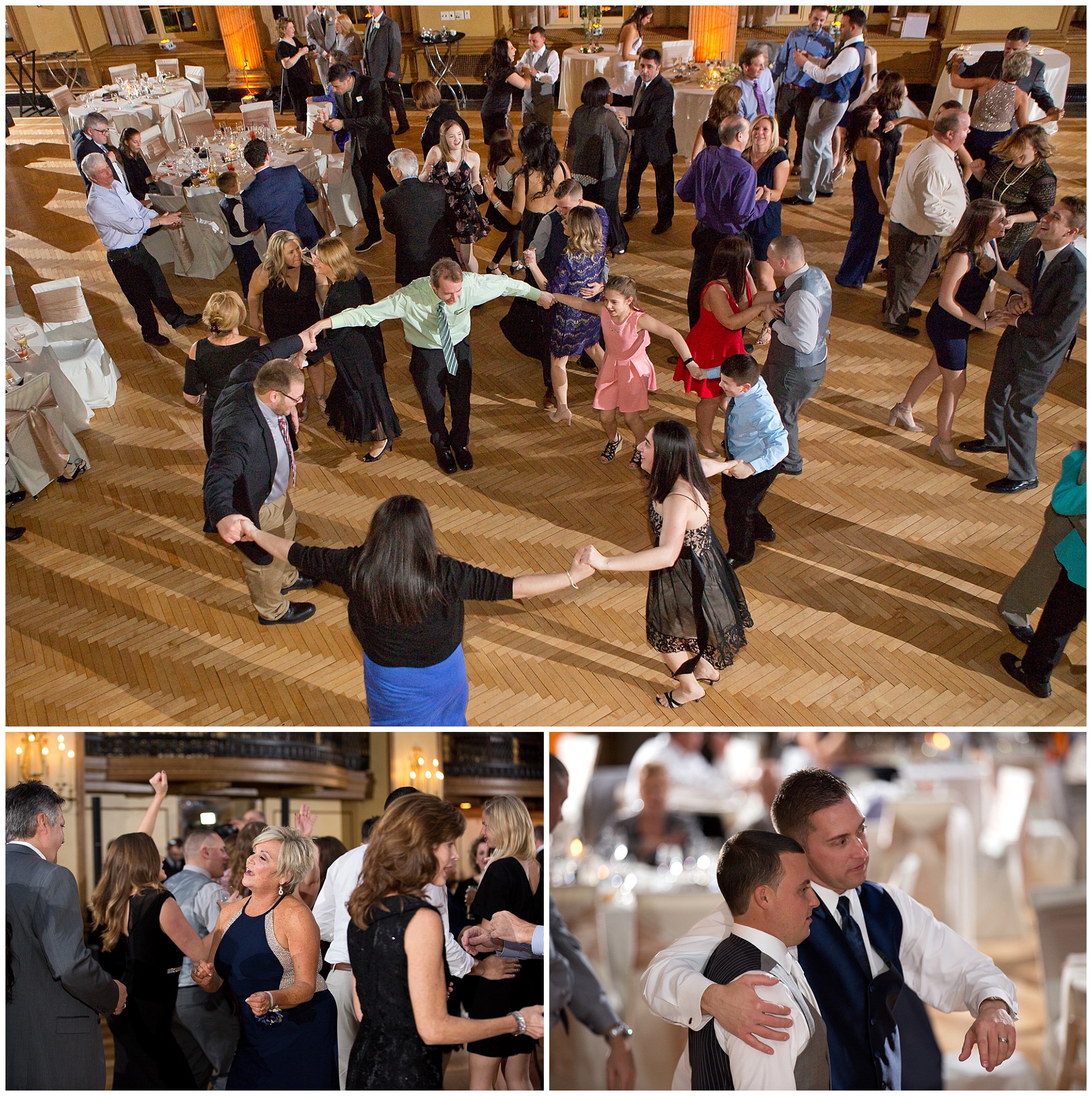 Photos of wedding guests and family dancing.