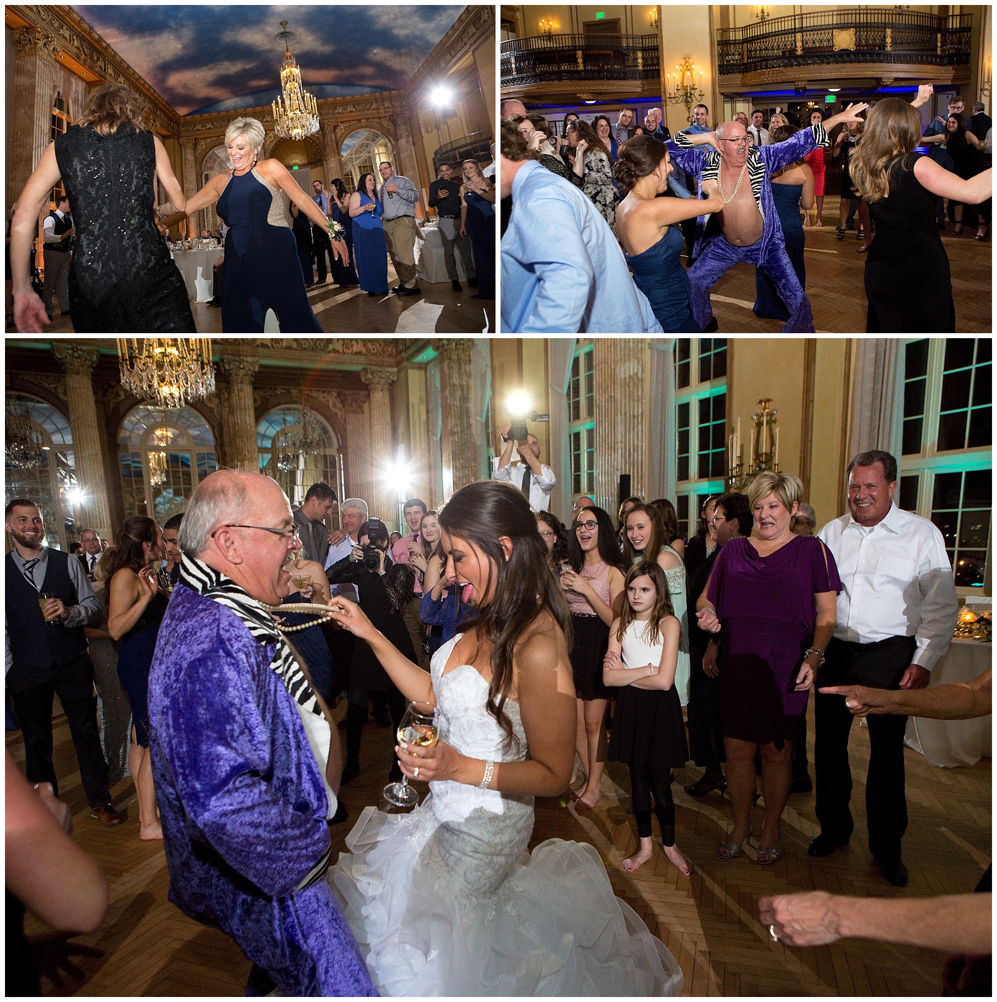 Photo of a bride dancing with a relative who is dressed in a purple velvet suit wearing no shirt, just the pants adn an open buttoned jacket.