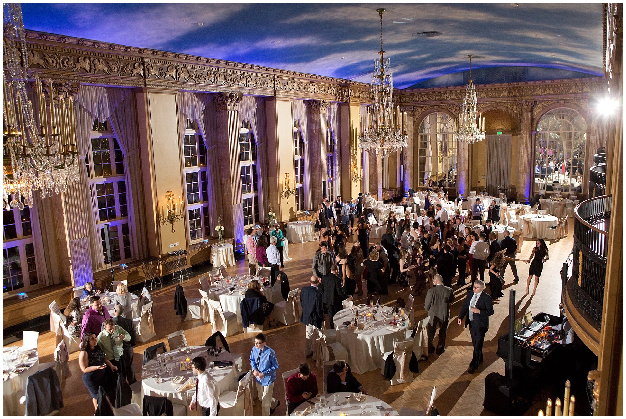 Photo of a wide angle shot of the reception ballroom shot from above in the balcony