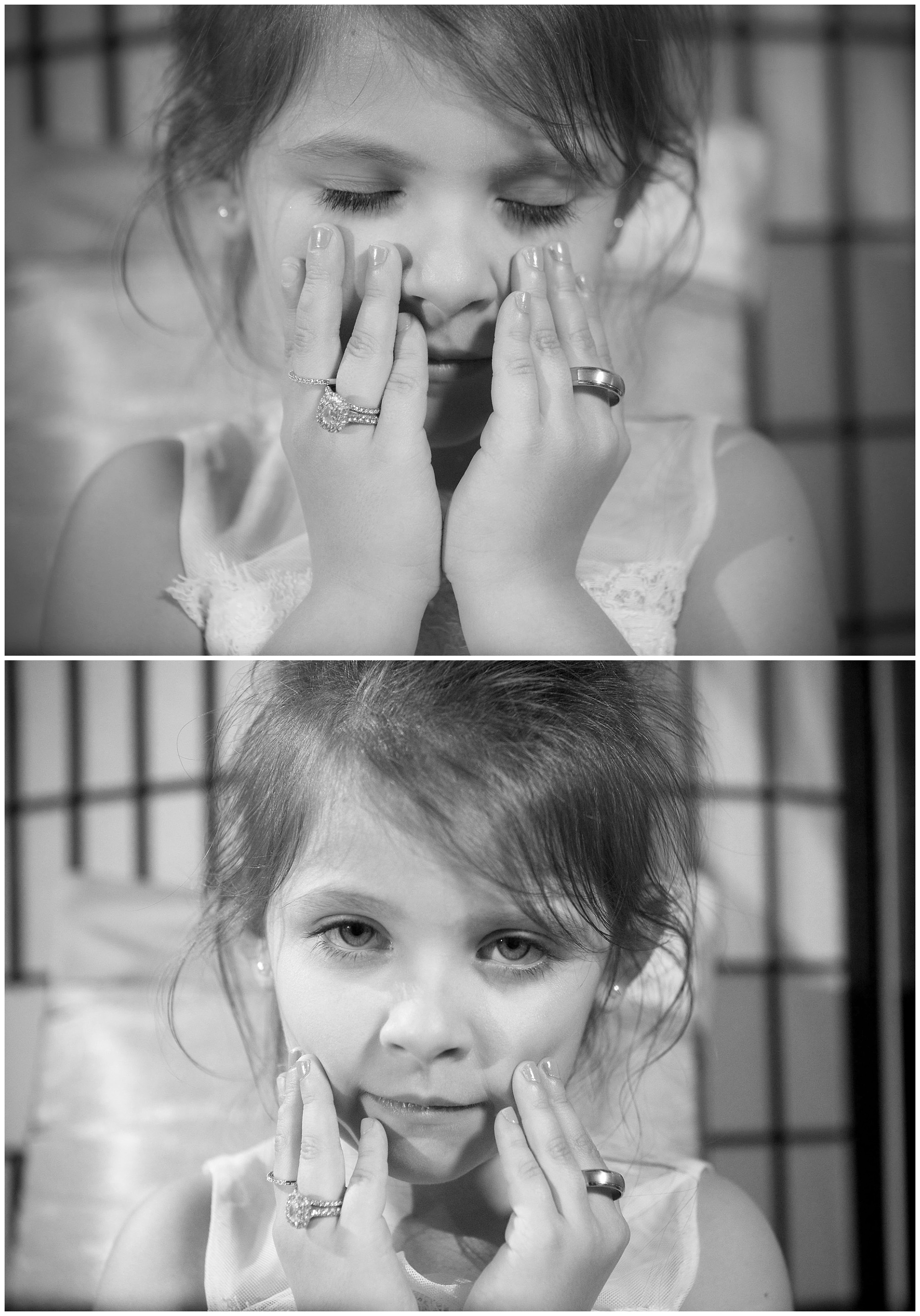 Photos of the flower girl wearing the bride and groom's rings. 