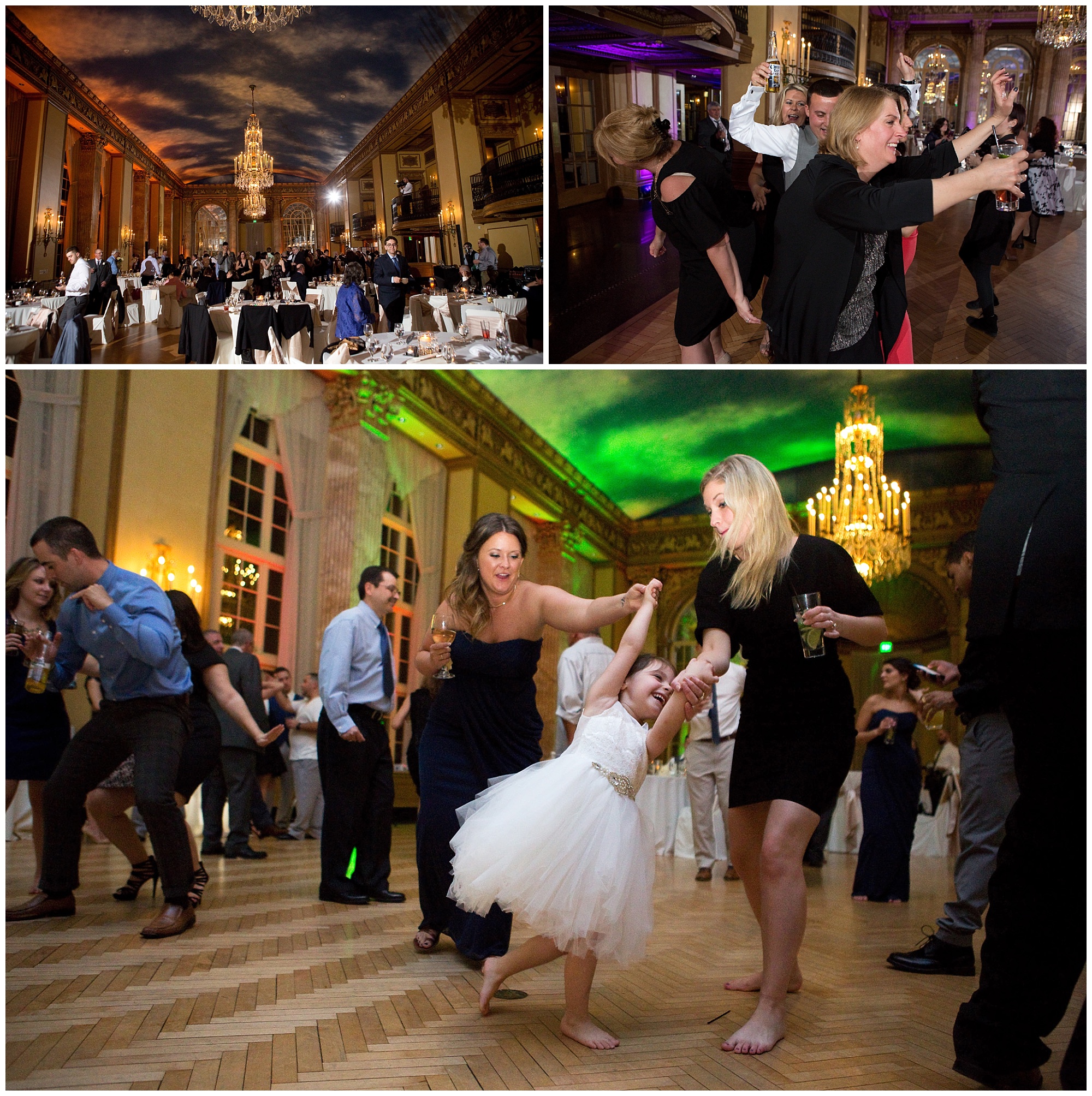 Photos of guests dancing at the wedding reception