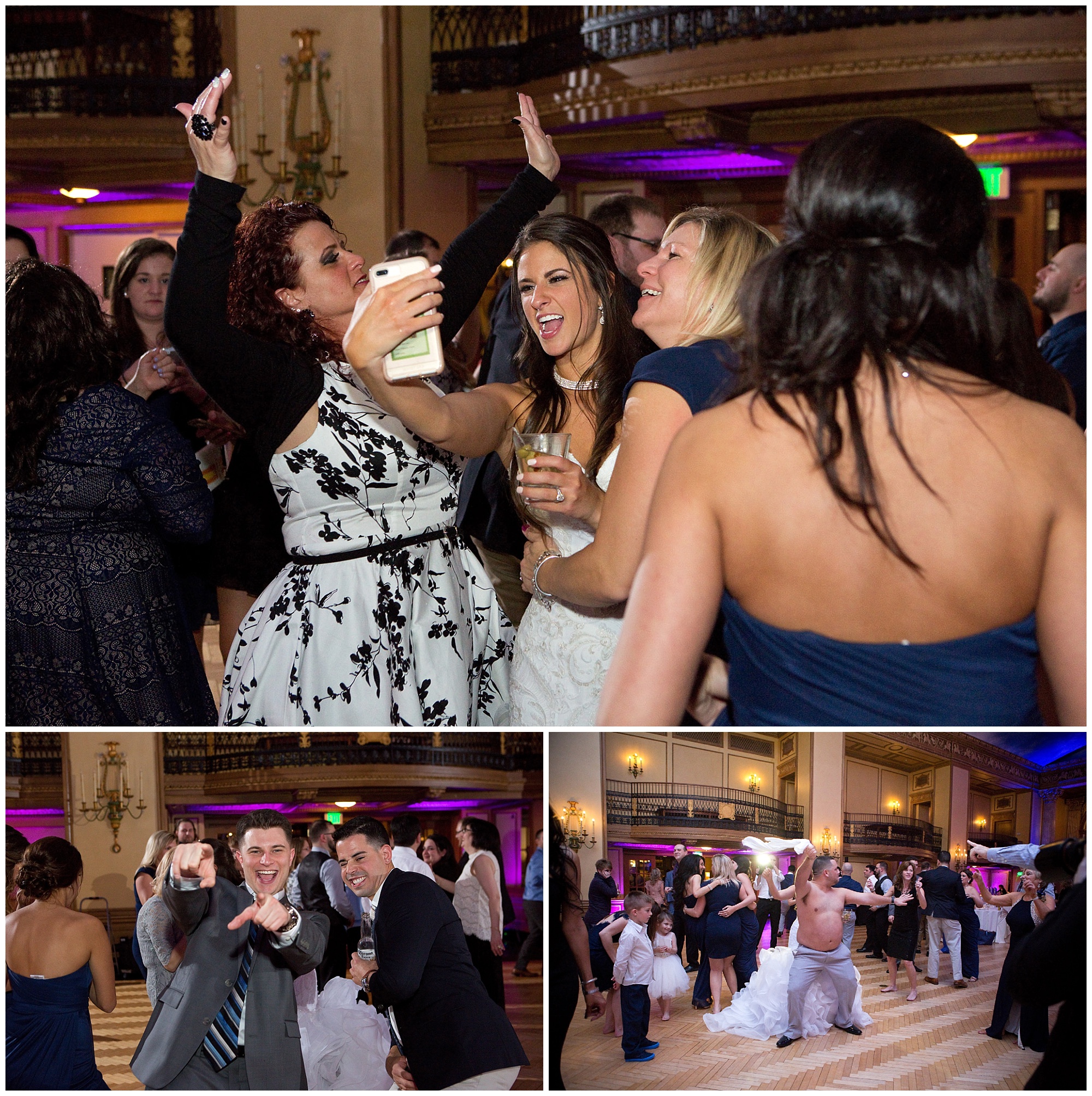 Photos of guests dancing at the wedding reception, and one of the bride taking a selfi photo with her friends