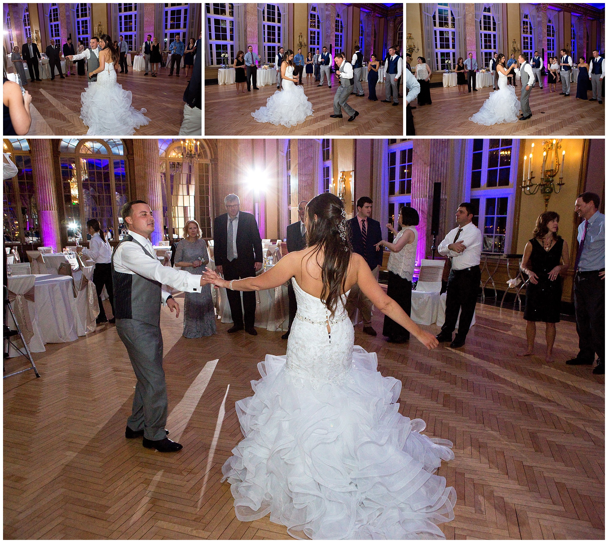 Photos of the bride and her groom dancing at their reception