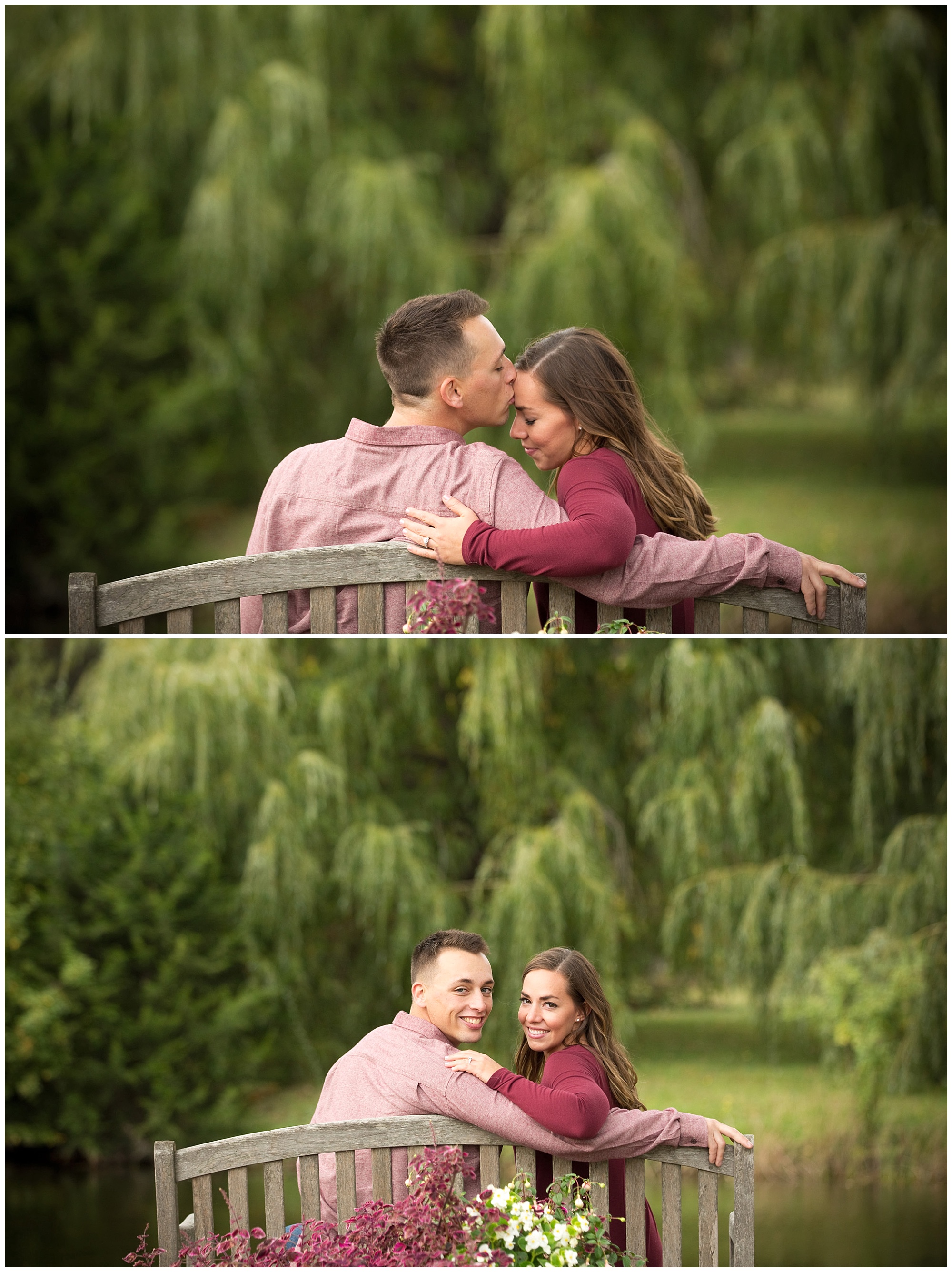 Two photos of an engaged couple sitting on a garden bench. Once looking at the camera and the other with him kissing her forehead.