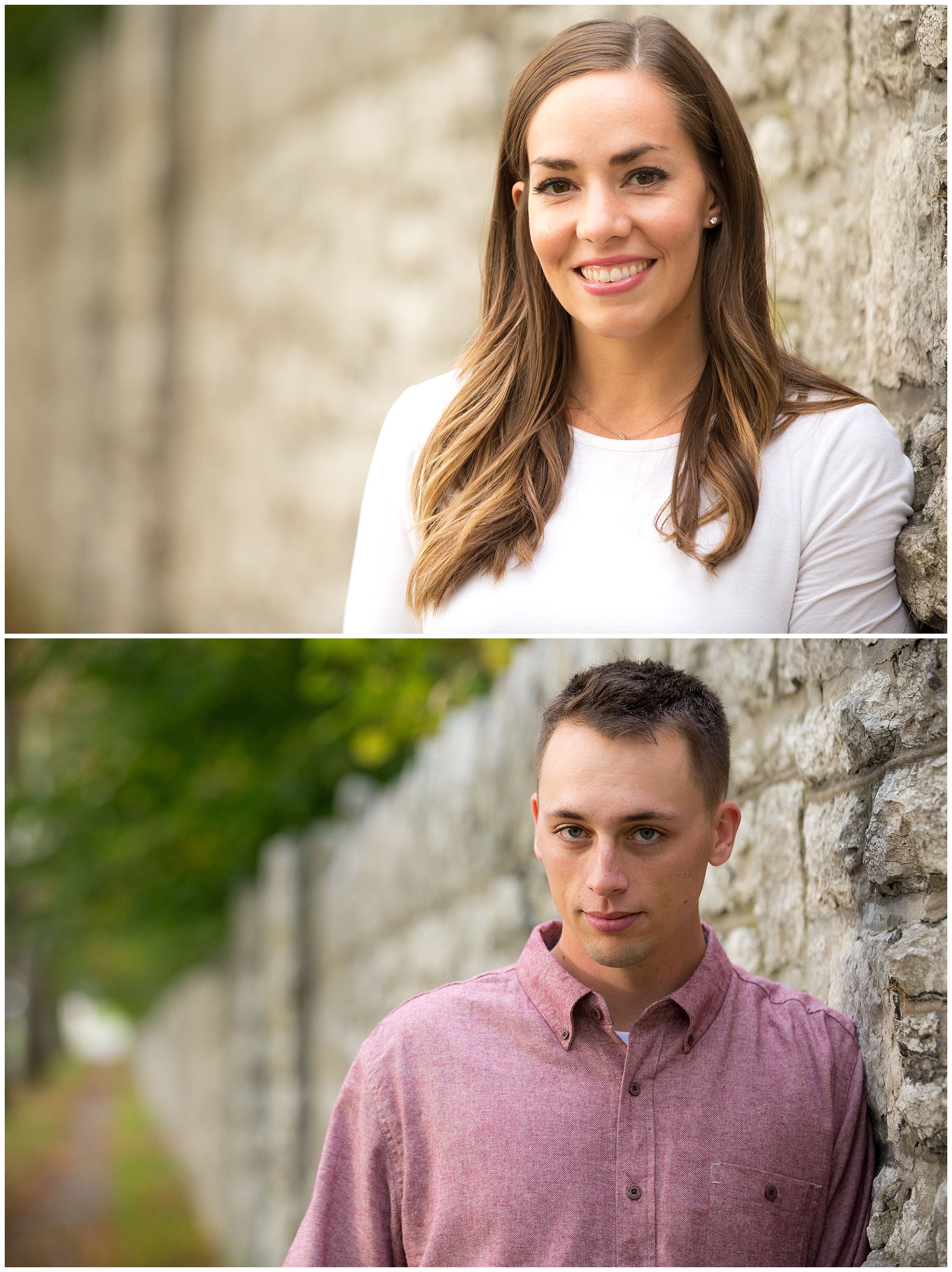 Two individual photos of an engaged couple.