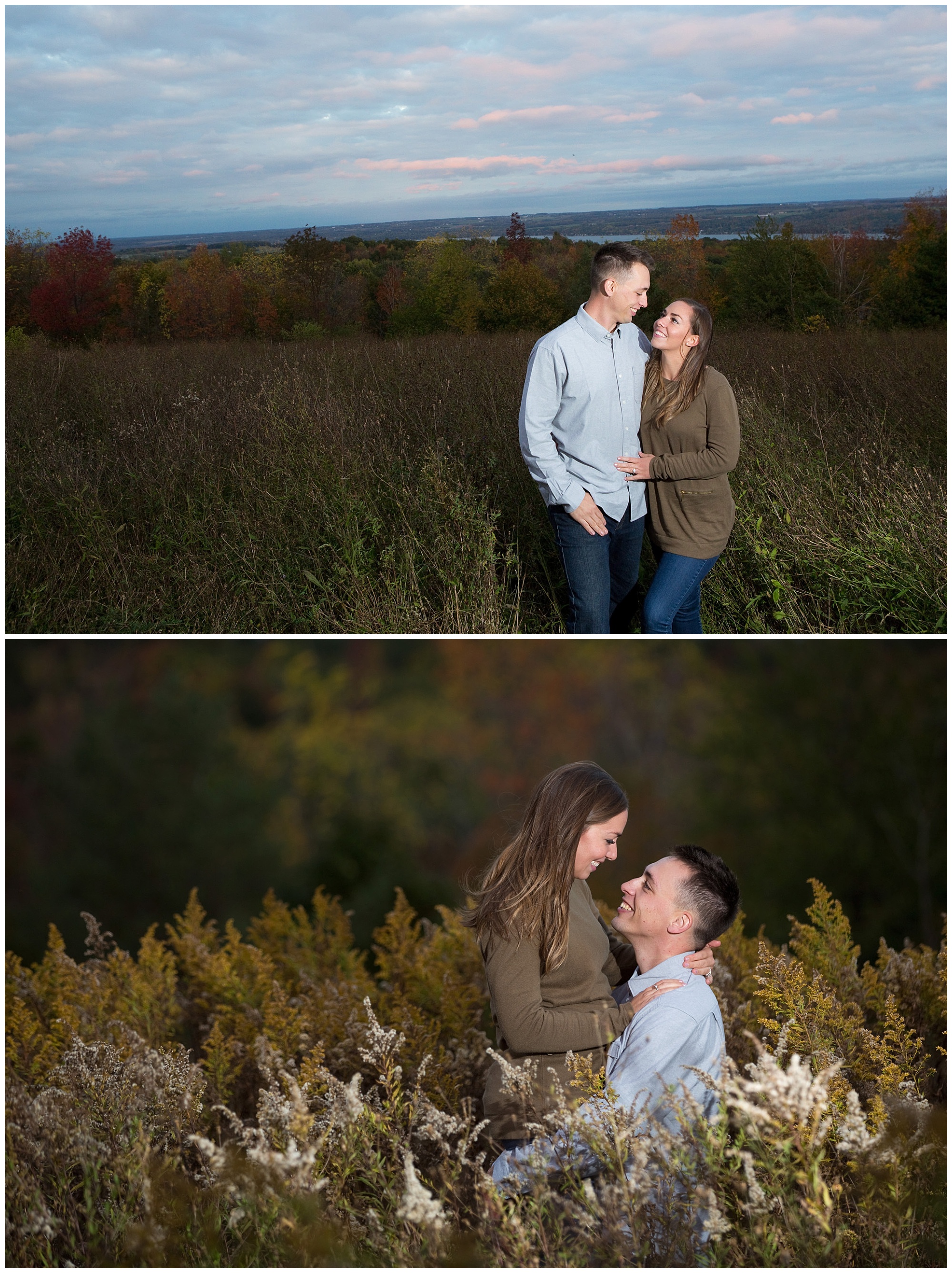 Photo of an engaged couple in a field overlooking Canandaigua lake.
