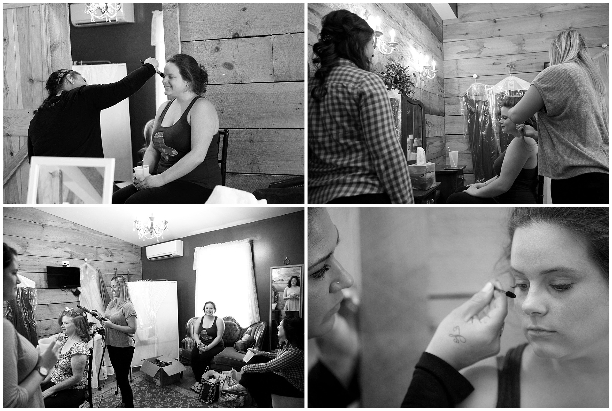 A four photo montage of a bride getting makeup and hair done for her wedding day