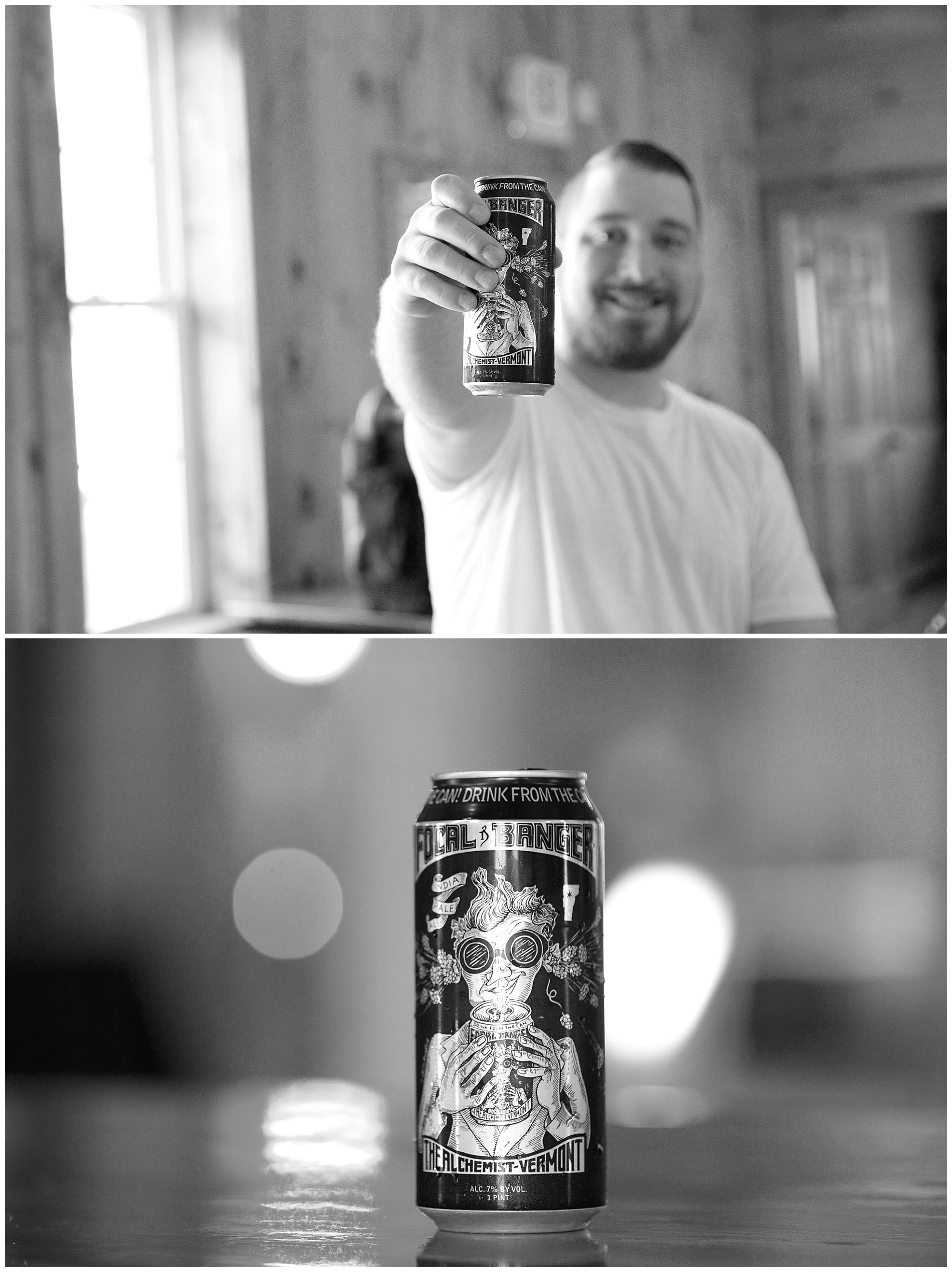 Photo of a groom holding a can of Focal Banger IPA by The Alchemist Brewery