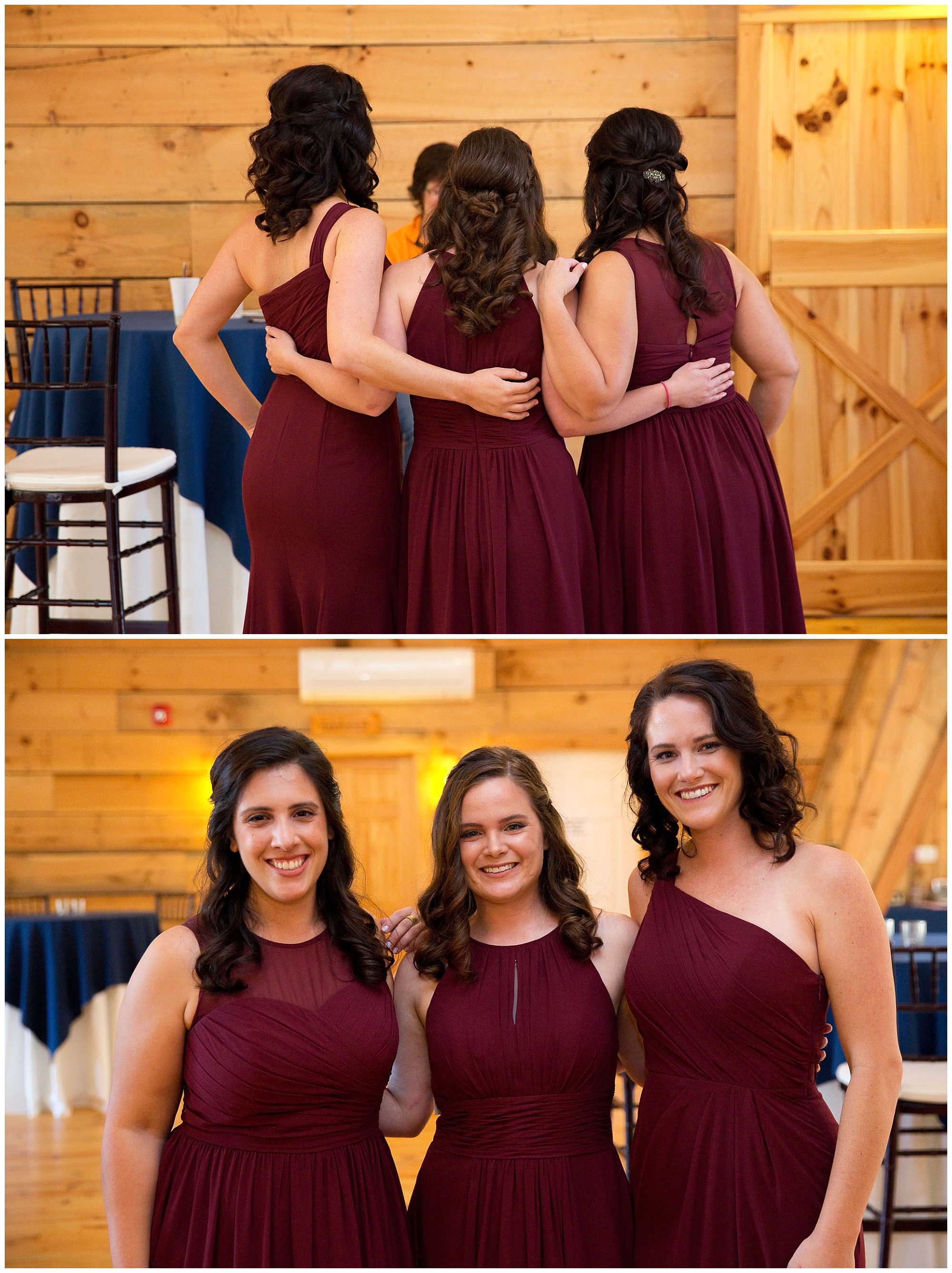 Photo of three bridesmaids from behind adn then from in front.