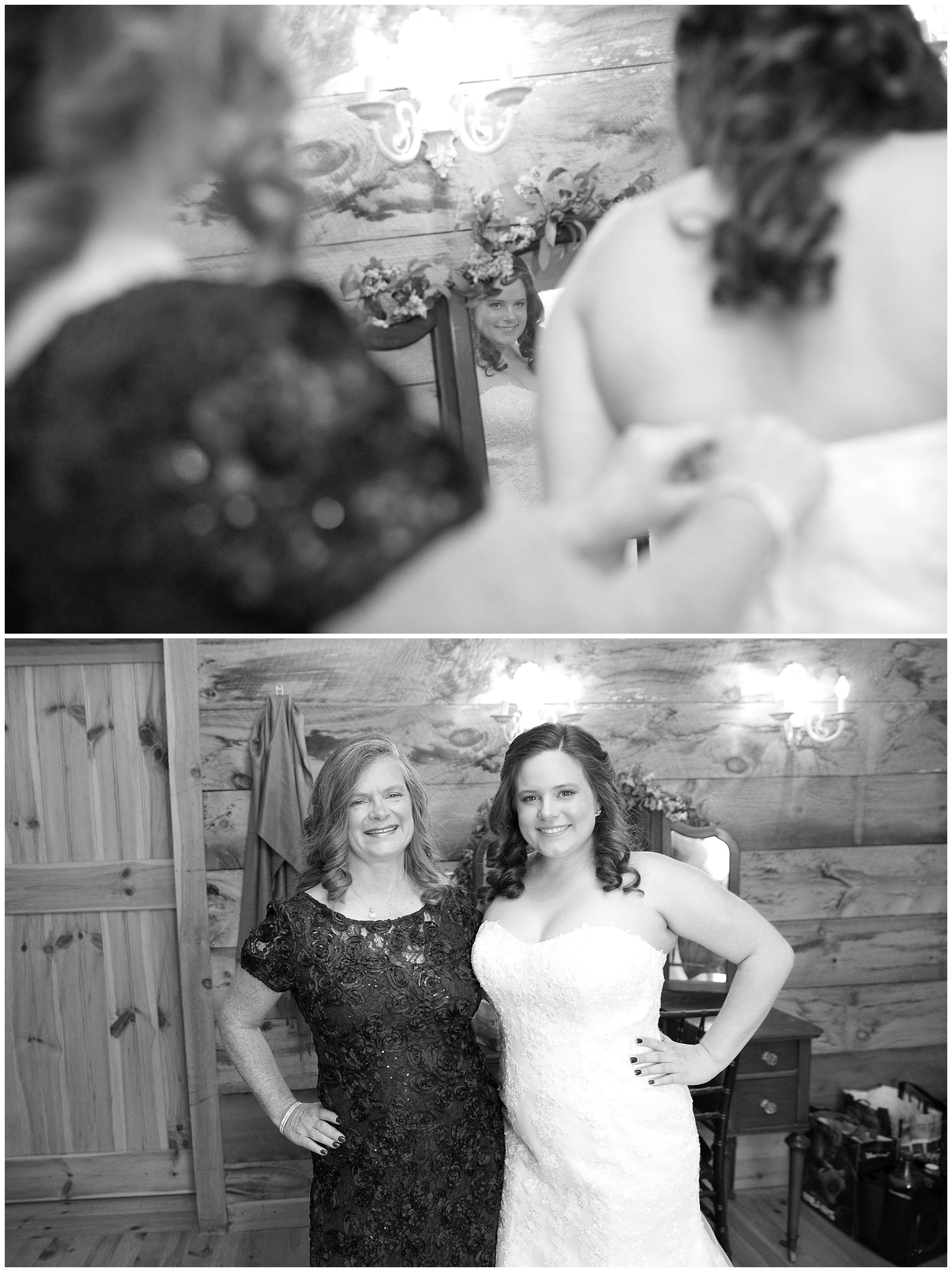 Two photos of a bride and her mother getting ready for the wedding and one of them side by side.