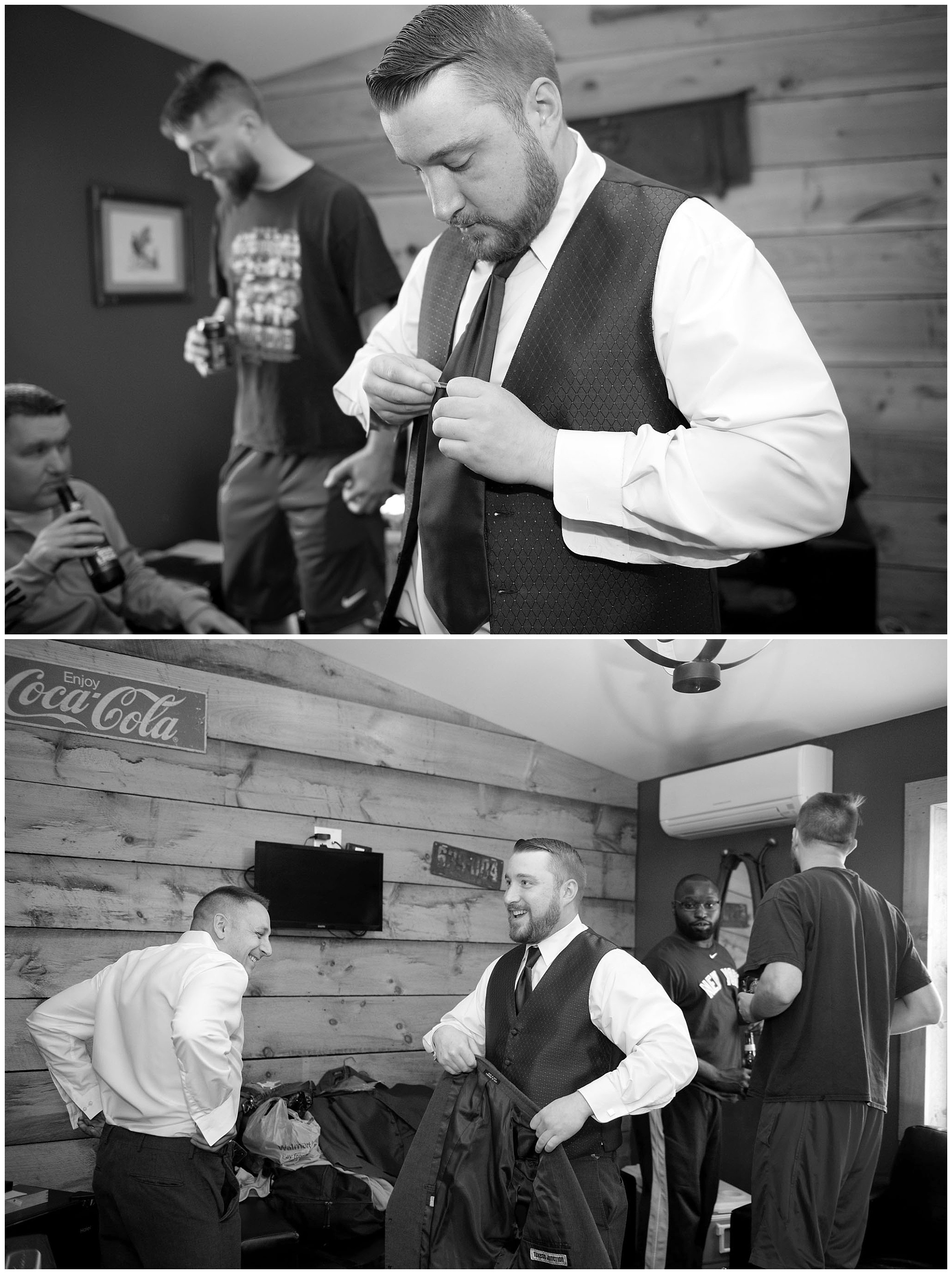 Two photos of a groom with his groomsmen getting ready and putting on his tie.