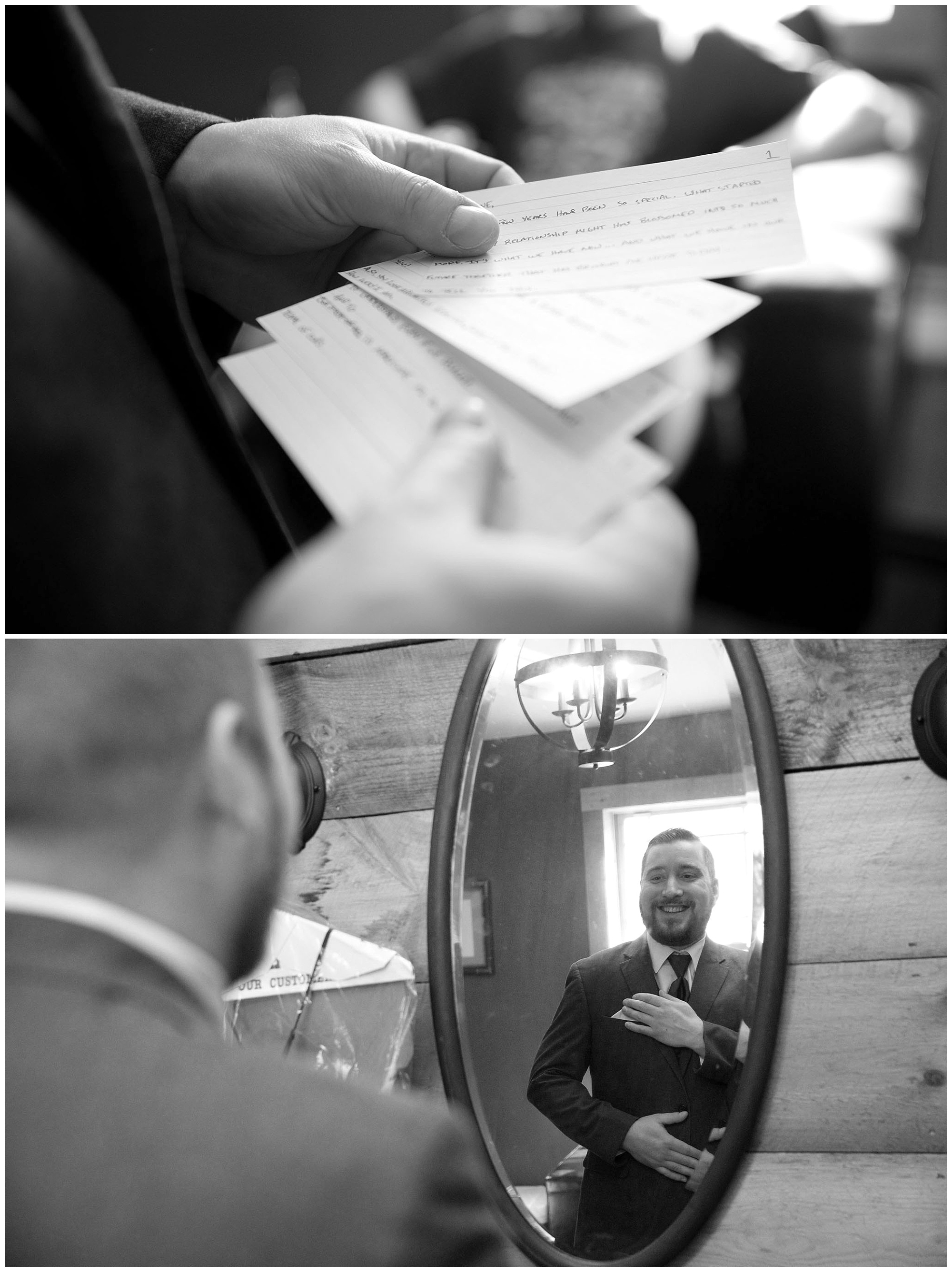 Two photos. One a close up of a groom reviewing his vows written on note cards. A second of him adjusting his suit jacket while looking in a mirror.