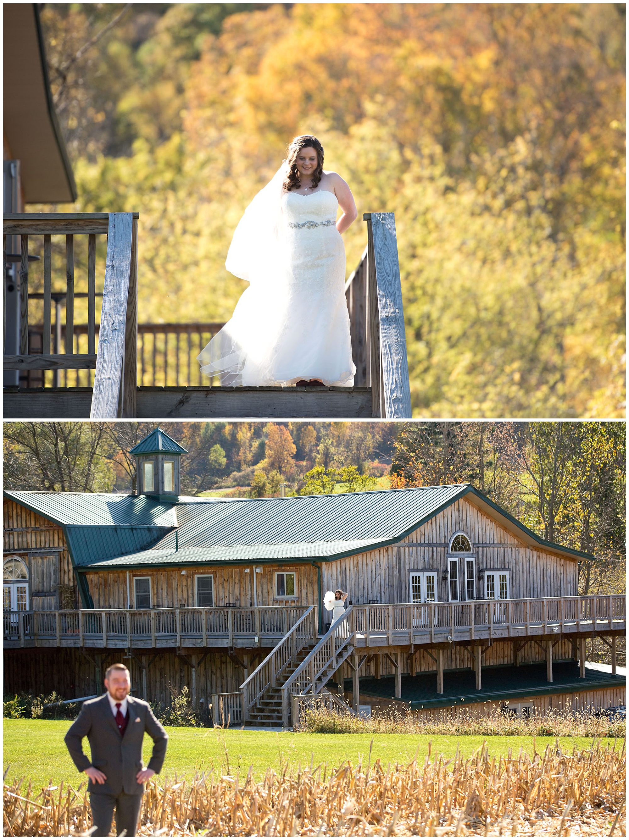 Two Photos. First, a bride ready to desend the steps to meet her grrom for a first look prior to the ceremony. The second is a distant picture of the bride in the backgound and her groom in the foreground .