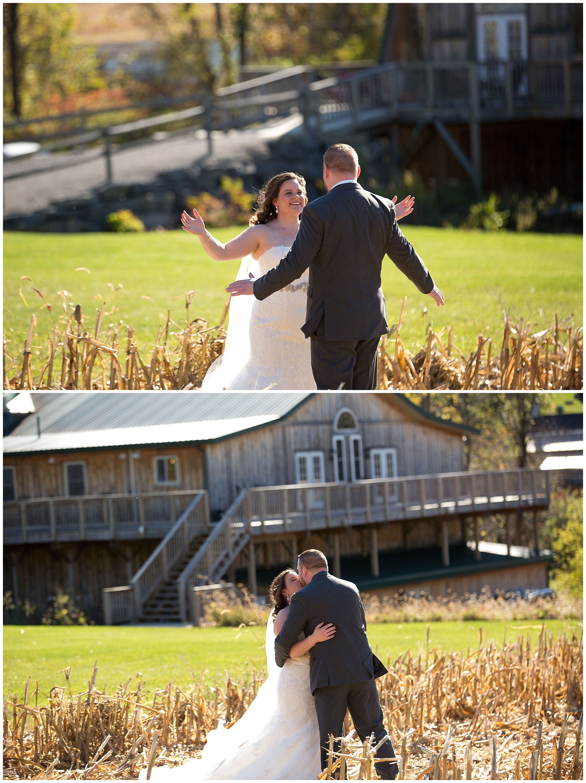 A photo of a bride and groom embracing during the first look photos prior to the ceremony.