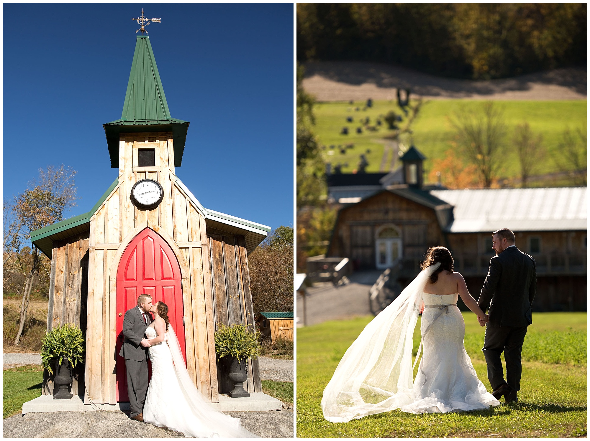 Two photos. First is of a bride and groom kissing in front of a small chapel. The second is of them walking hand in hand away from the camera