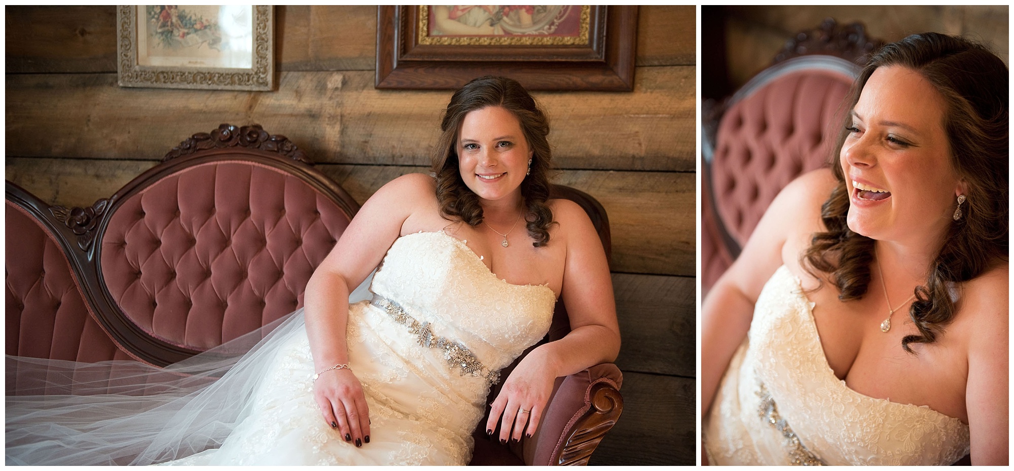Two photos of a bride posed on an antique sofa.