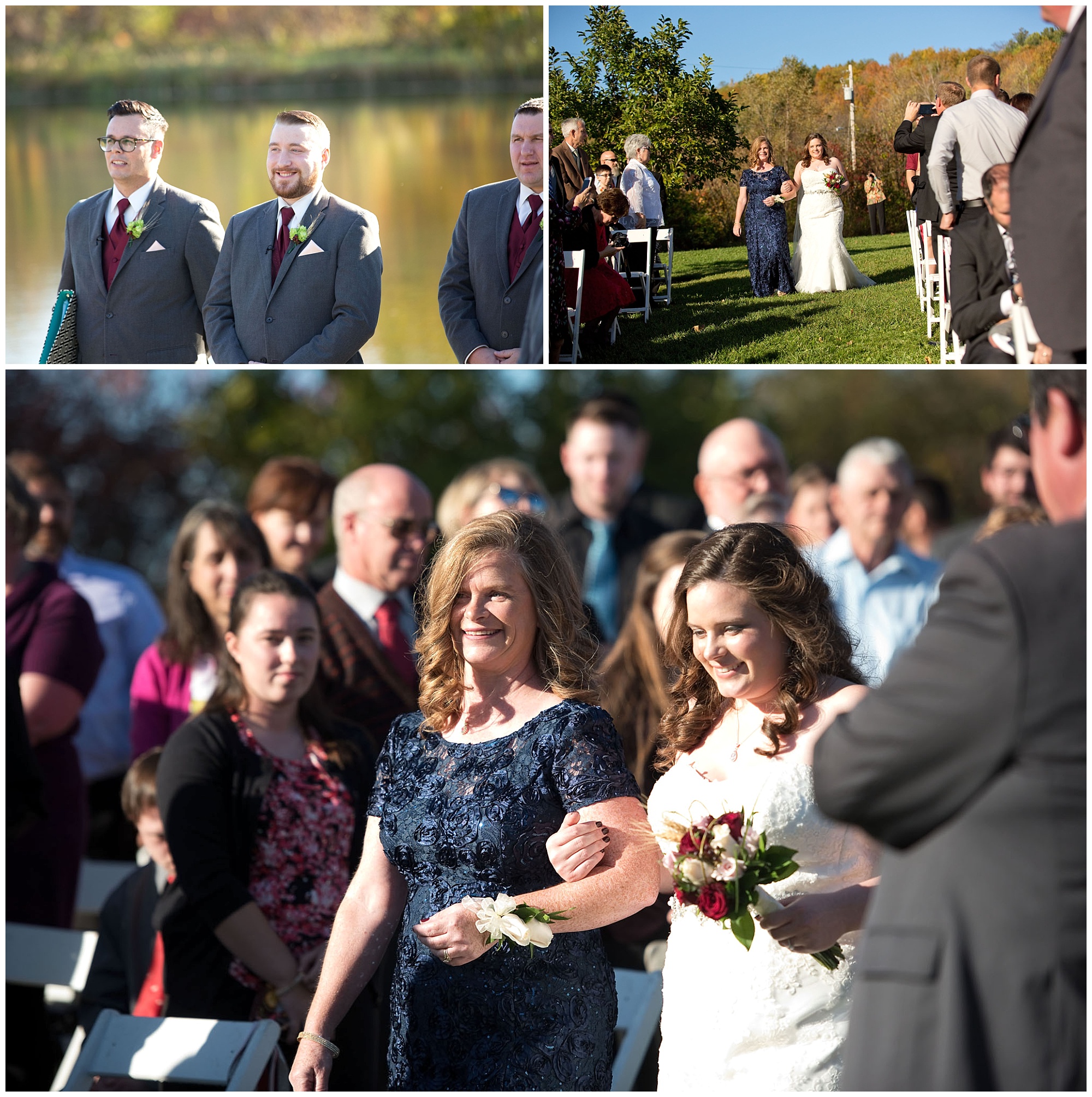 THree photos of a wedding procession of the bride and the groom lovingly lokking at her approch.