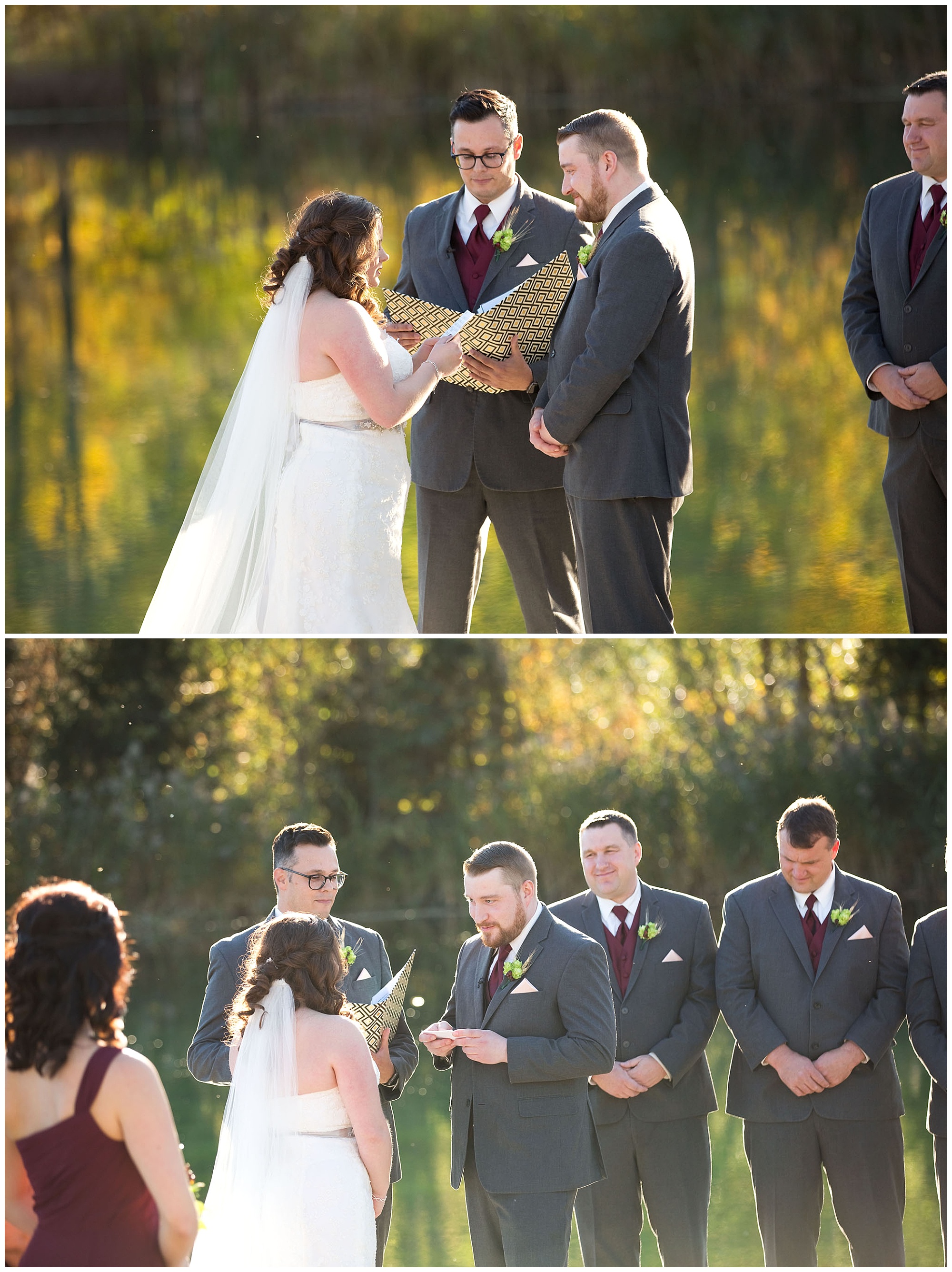 Two photos of a bride and groom reciting their wedding vows to eachother during the pond side ceremony in autumn.