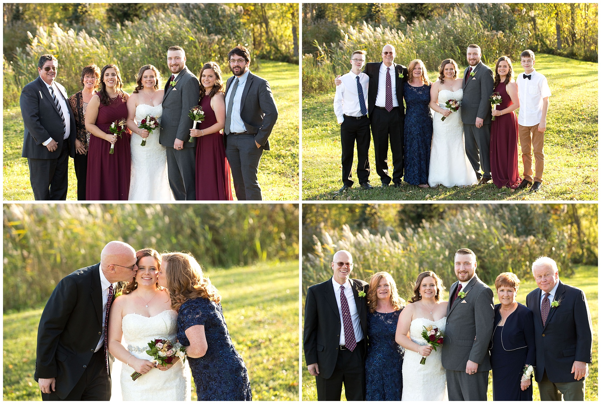 Four photos of family wedding formal group photos.