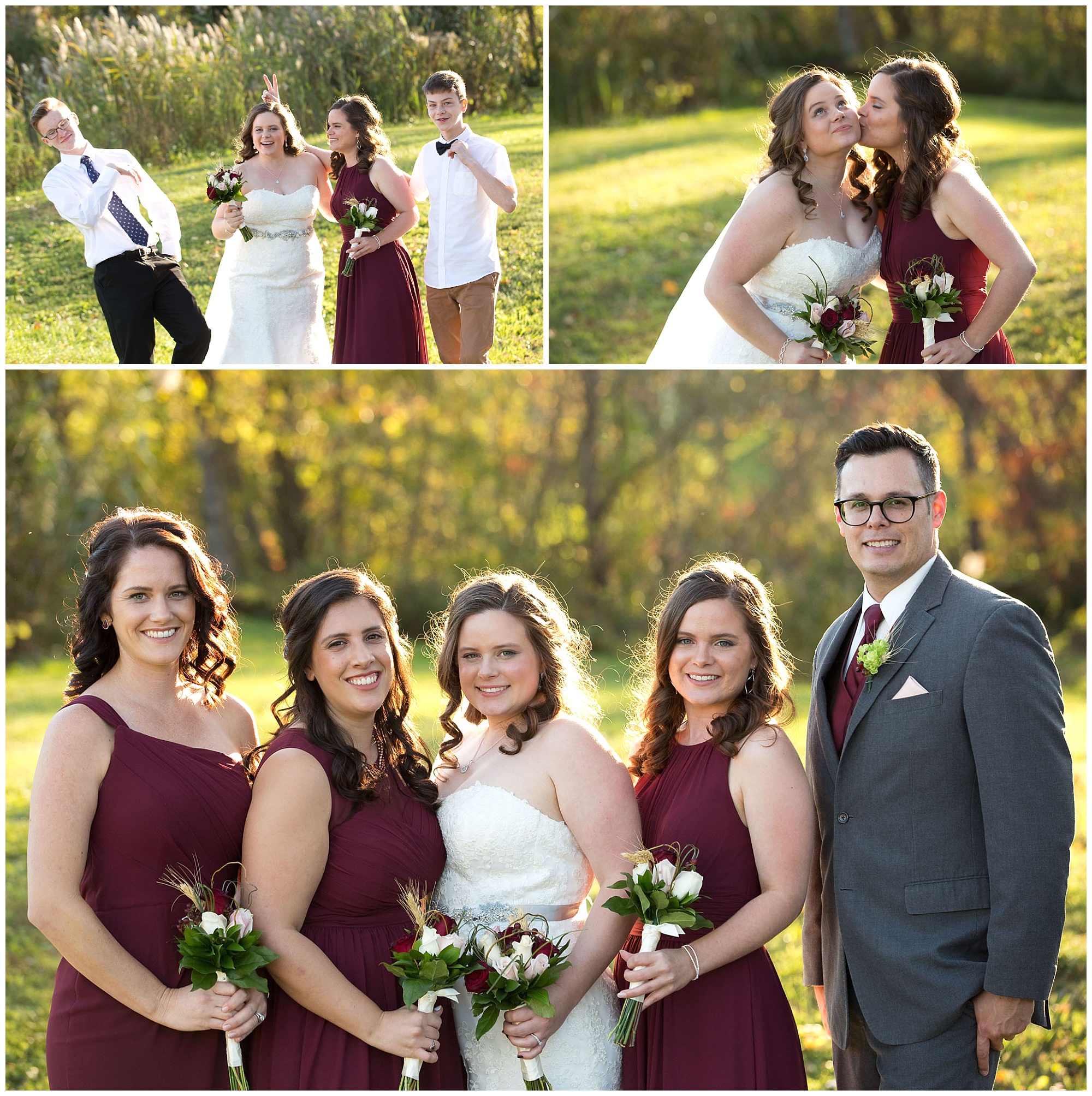 Three separate photos of the bride with her sister, here brothers and of her wedding party.