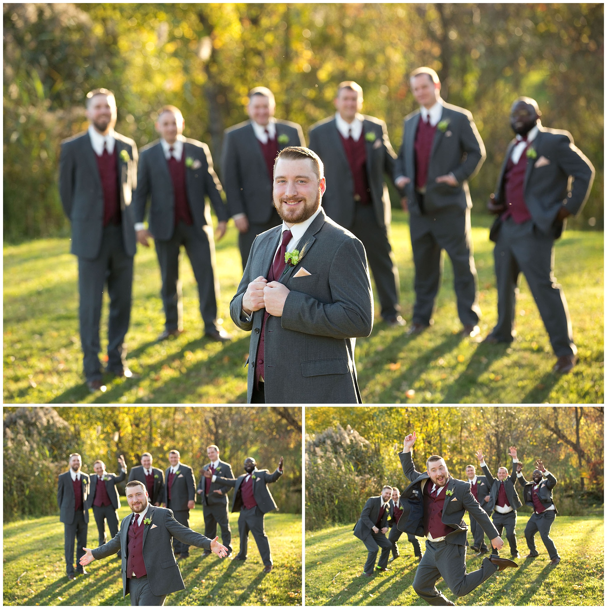 Three individual photos of a groom with his groomsmen.