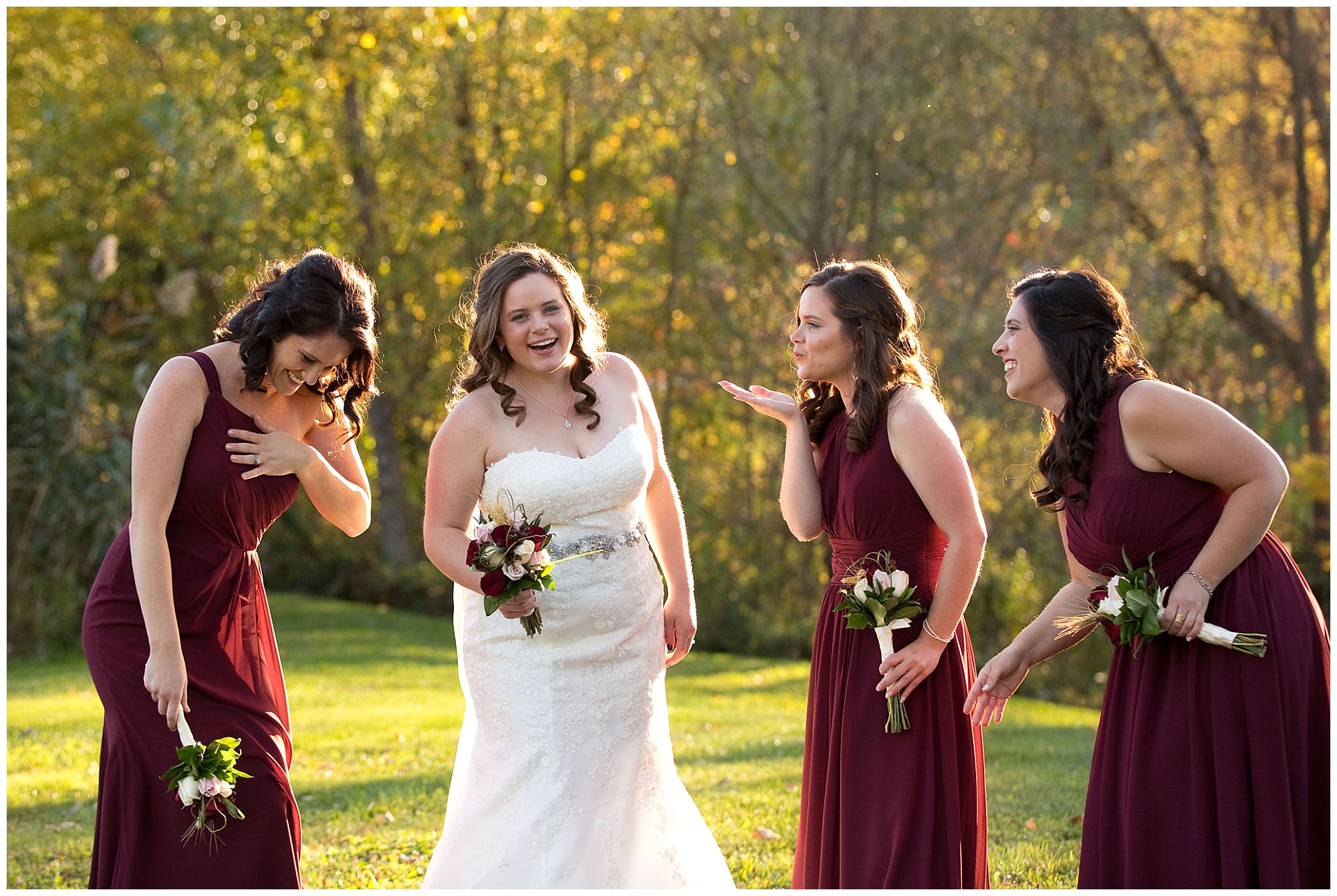 A photo of bridesmaids blowing kisses to the bride and laughing.